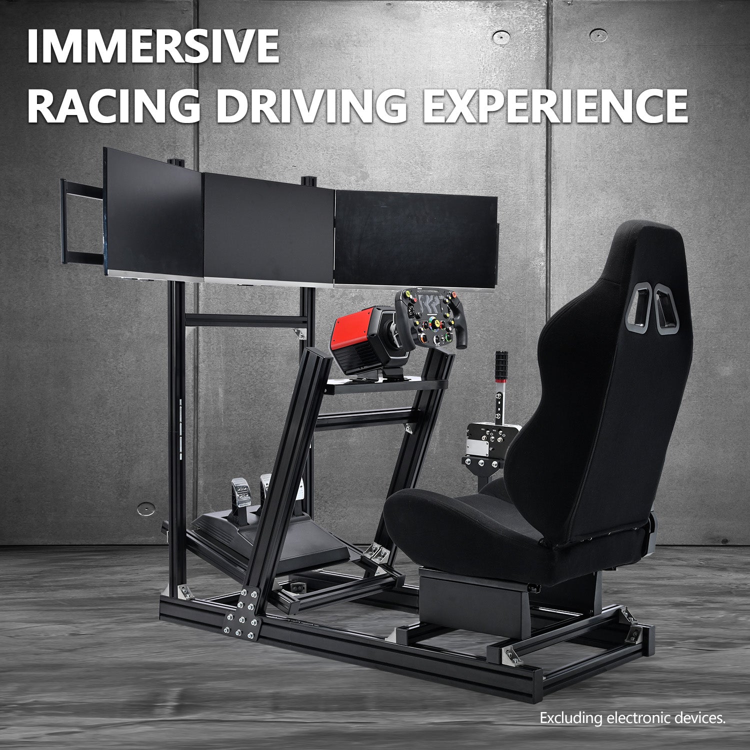 Minneer 4080 Aluminum Racing Simulator Cockpit with Black Seat and Triple Monitor Stand, Fully Adjustability, Fit for Logitech, Thrustmaster, Fanatec G29 G920 T248, Not Include Steering Wheel,Pedals,Handbrake,Monitor