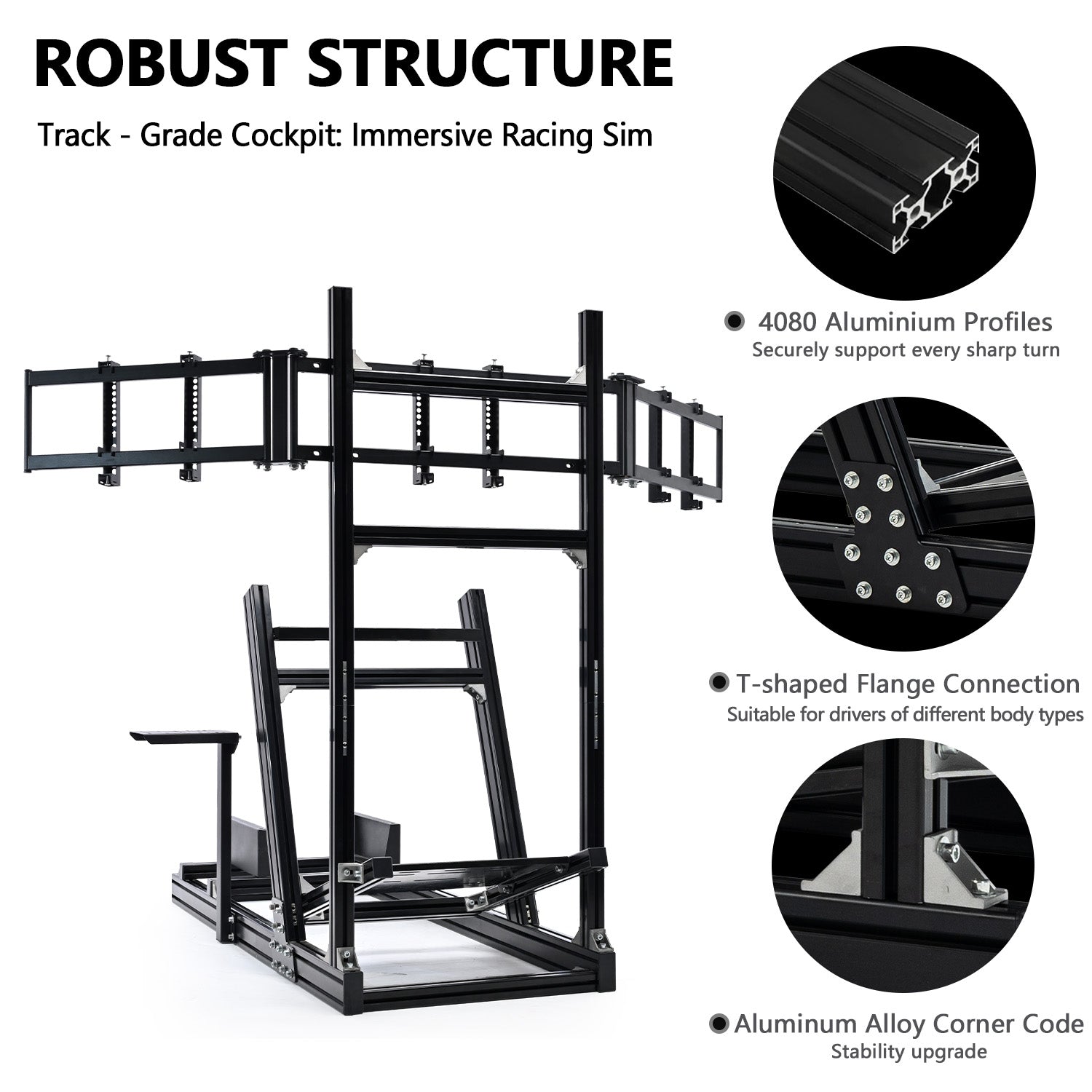 Minneer 4080 Aluminum Profile Sim Racing Cockpit with Triple Monitor Stand, Unlimited Adjustment, Suitable For Thrustmaster, Fanatec, Moza, Logitech g29 g920, Not Include Steering,TV,Wheel,Pedals,Handbrake