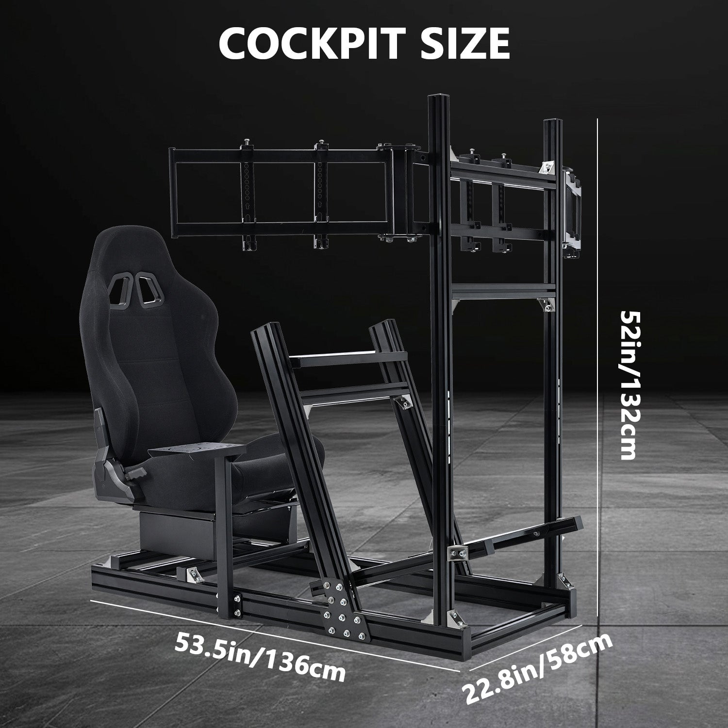 Minneer 4080 Aluminum Racing Simulator Cockpit with Black Seat and Triple Monitor Stand, Fully Adjustability, Fit for Logitech, Thrustmaster, Fanatec G29 G920 T248, Not Include Steering Wheel,Pedals,Handbrake,Monitor