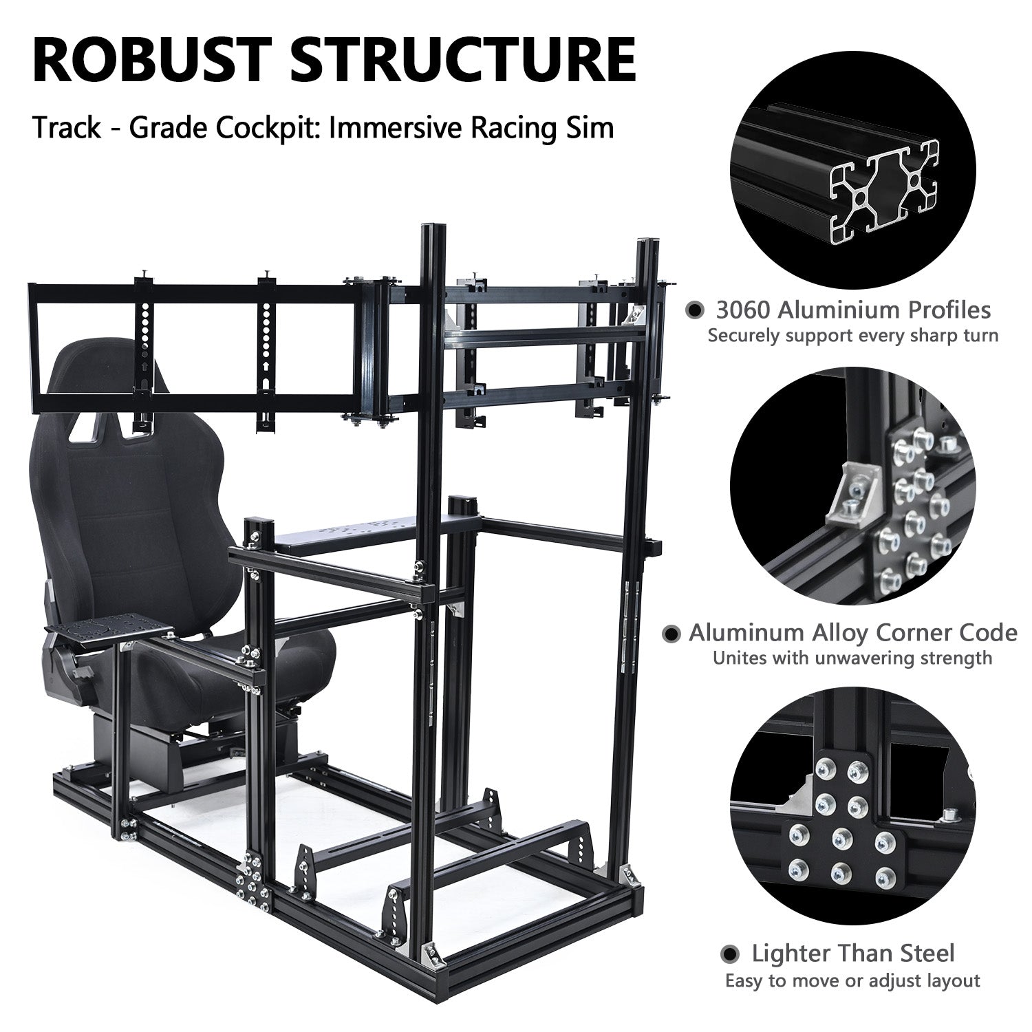 Minneer 3060 Aluminum Profiles Racing Simulator Cockpit with Black Seat and Triple Monitor Stand , Fully Adjustable, Fit for Logitech G29 G923, Steering Wheel, Pedals, and Hand Brake Not Included