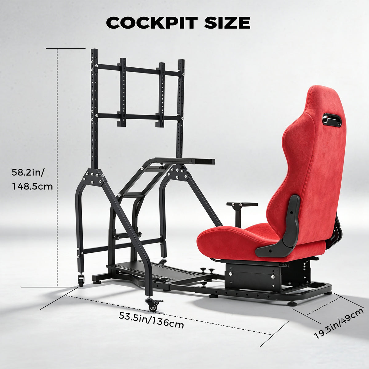 Minneer Adjustable Racing Simulator Cockpit with Red Suede Seats and Movable Monitor Stand, Fit for Logitech G Pro, for Thrustmaster T818, for Fanatec CSLDD, Electronics not included