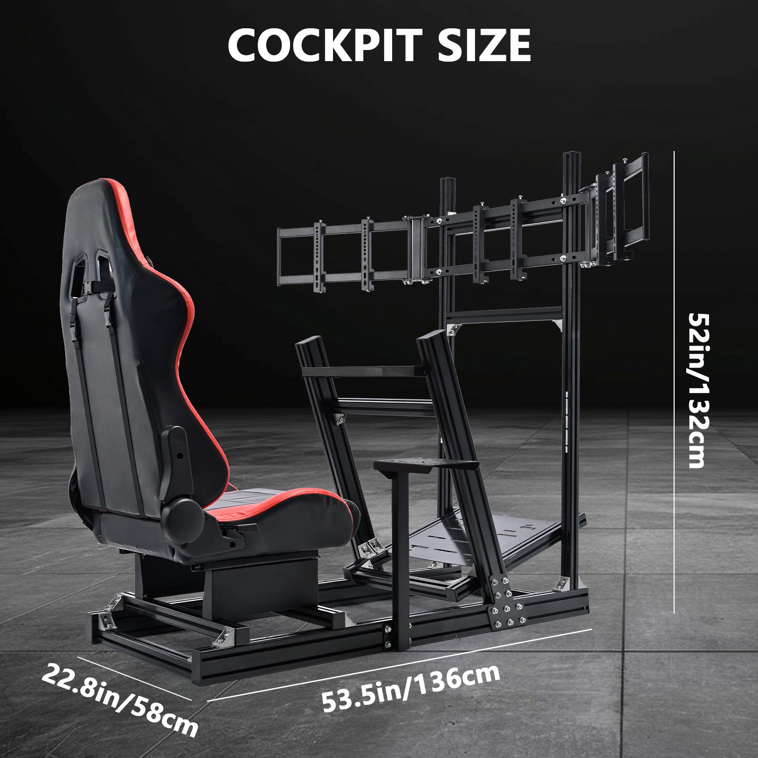 Minneer 4080 Aluminum Racing Simulator Cockpit with Black Seat and Triple Monitor Stand, Fully Adjustability, Fit for Logitech, Thrustmaster, Fanatec G29 G920 T248, Not Include Steering Wheel,Pedals,Handbrake,Monitor