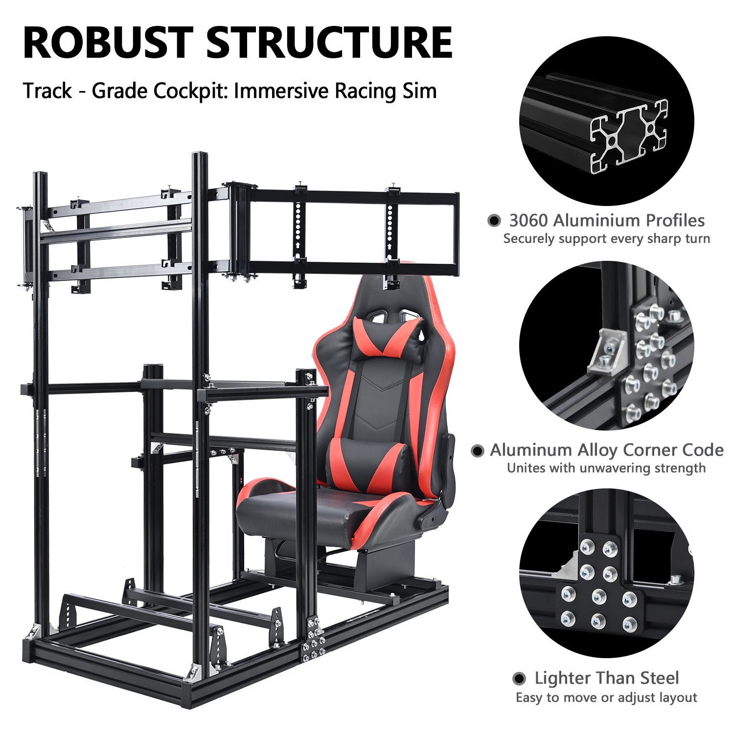 Minneer 3060 Aluminum Profiles Racing Simulator Cockpit with Red Seat and Triple Monitor Stand , Fully Adjustable, Fit for Logitech G29 G923, Steering Wheel, Pedals, and Hand Brake Not Included
