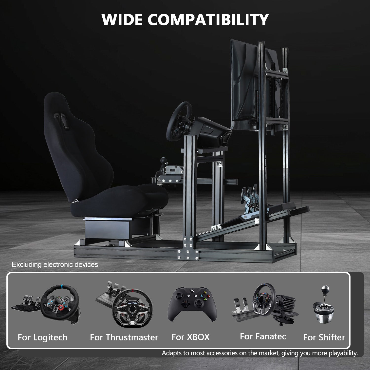 Minneer 4080 Aluminum  Profile Racing Sim Cockpit with Black Seat and Monitor stand, Ultra Strength & Rigidity, Fit for Logitech,Thrustmaster, Fanatec G29 G923 T248,  Not Include Steering Wheel,Pedals,Handbrake