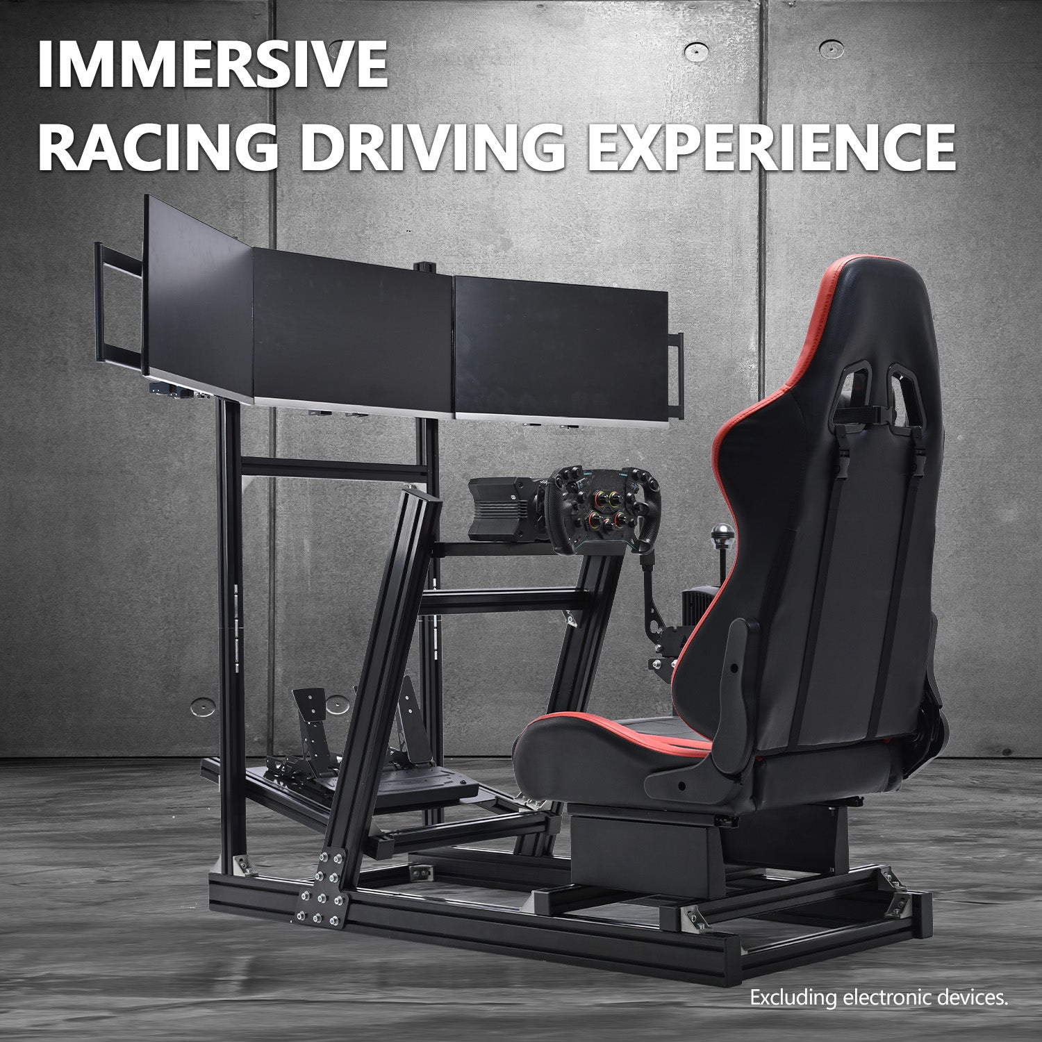 Minneer 4080 Aluminum Racing Simulator Cockpit with Black Seat and Triple Monitor Stand, Fully Adjustability, Fit for Logitech, Thrustmaster, Fanatec G29 G920 T248, Not Include Steering Wheel,Pedals,Handbrake,Monitor