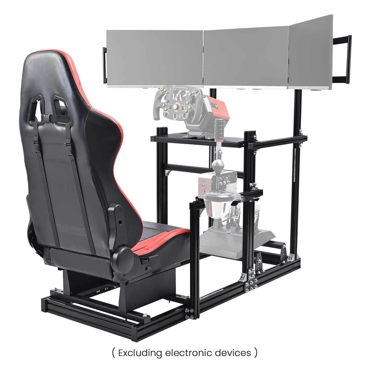 Minneer 3060 Aluminum Profiles Racing Simulator Cockpit with Red Seat and Triple Monitor Stand , Fully Adjustable, Fit for Logitech G29 G923, Steering Wheel, Pedals, and Hand Brake Not Included