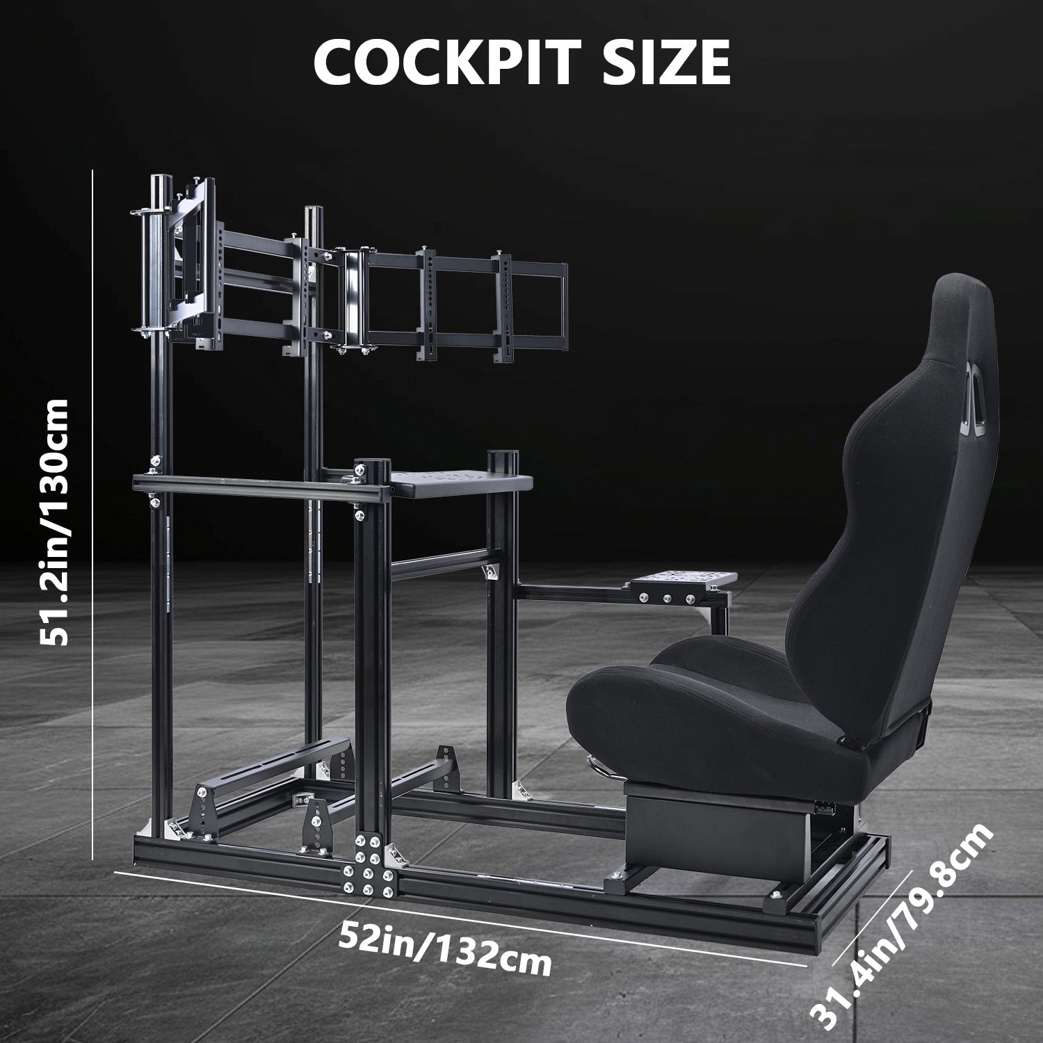 Minneer 3060 Aluminum Profiles Racing Simulator Cockpit with Black Seat and Triple Monitor Stand , Fully Adjustable, Fit for Logitech G29 G923, Steering Wheel, Pedals, and Hand Brake Not Included