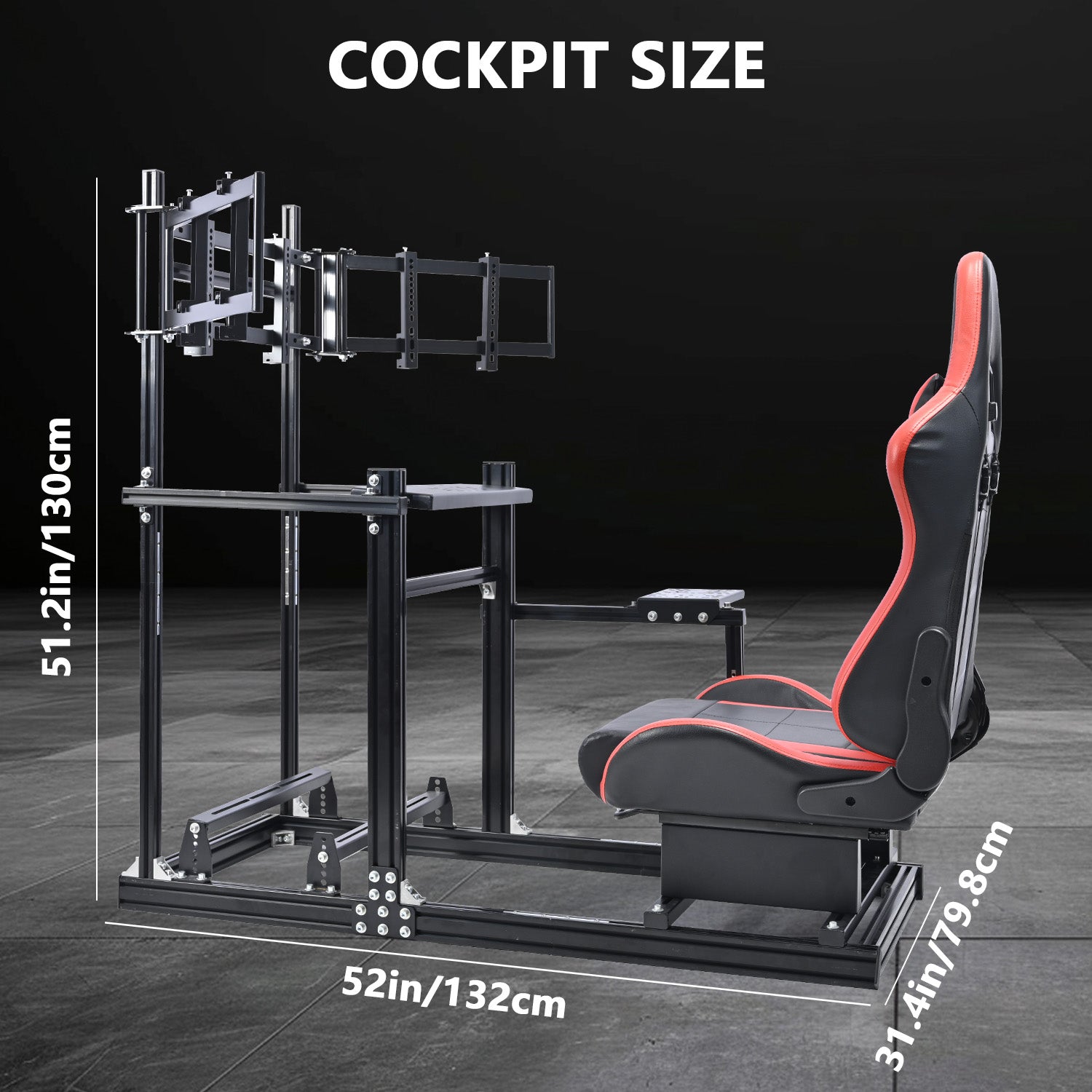 Minneer 3060 Aluminum Profiles Racing Simulator Cockpit with Red Seat and Triple Monitor Stand , Fully Adjustable, Fit for Logitech G29 G923, Steering Wheel, Pedals, and Hand Brake Not Included