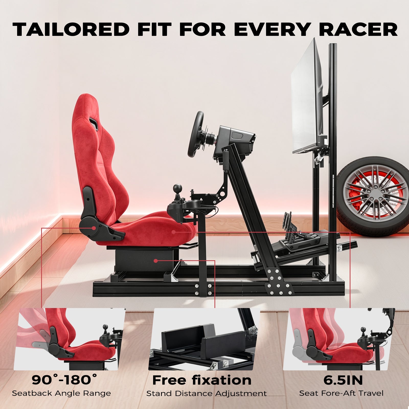 Minneer Racing Simulator Cockpit with Red Suede Seat and Monitor Stand Aviation Aluminum Alloy Fit for Logitech G29,for Thrustmaster T248,for Fanatec Racing Seats Adjustable, Wheel Pedal Handbrake Not Include