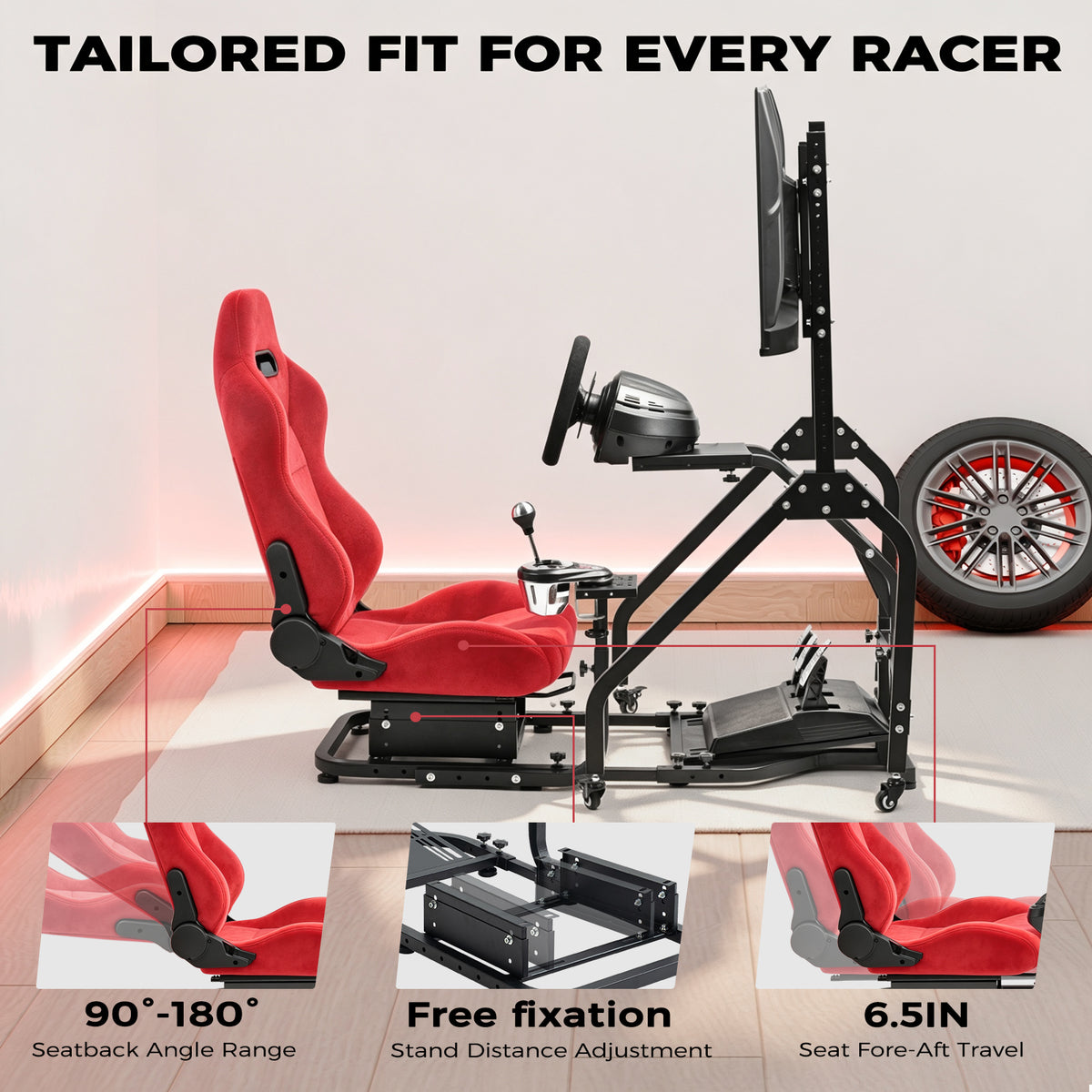 Minneer Adjustable Racing Simulator Cockpit with Red Suede Seats and Movable Monitor Stand, Fit for Logitech G Pro, for Thrustmaster T818, for Fanatec CSLDD, Electronics not included