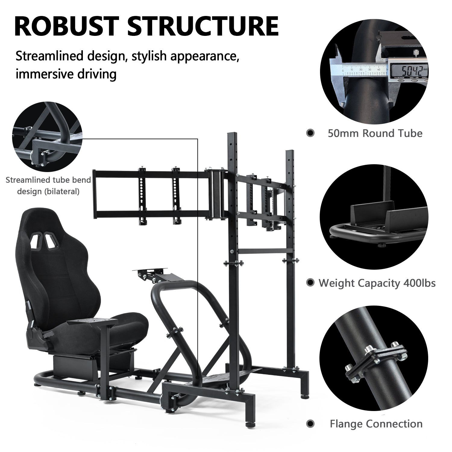 Minneer  Racing Simulator Cockpit with triple monitor stand and black seat Compatible with Logitech/Thrustmaster/Fanatec G29 G920 G923 T300RS CSL-DD, excludes steering wheel, pedals, monitor and gear shifter