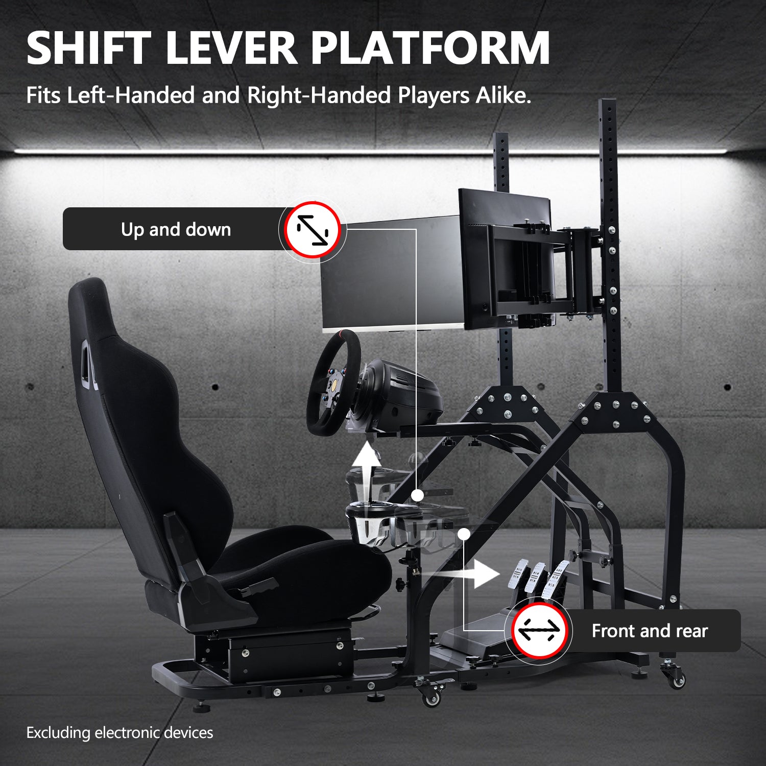 Minneer Steering Wheel Stand Racing Cockpit with Black Seat Triple Monitor stand ,Unobstructed Design for Both Legs,Fit for Logitech/Thrustmaster G29,G920,T300RS,T80, Adjustable, No Steering Wheel, Handbra