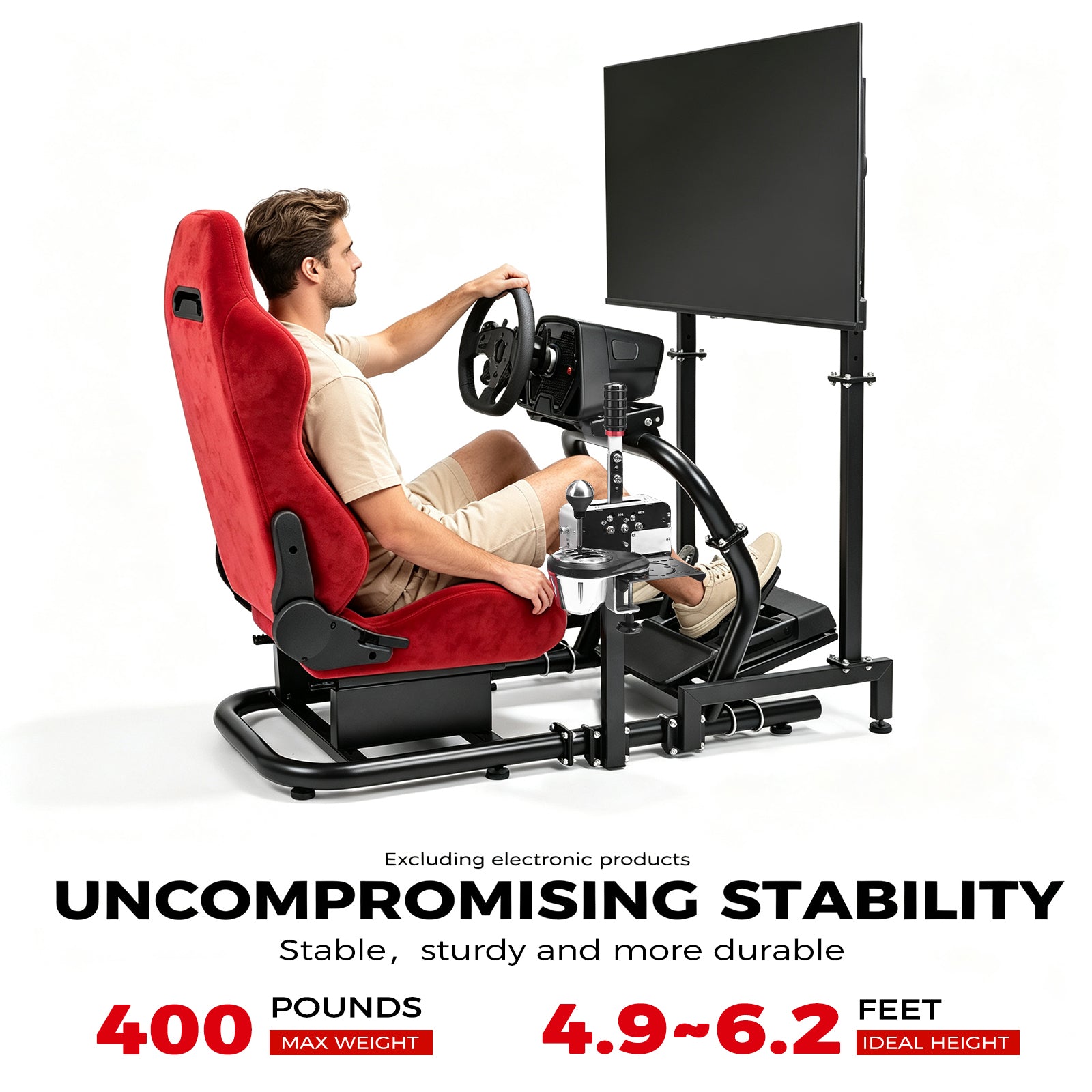 Minneer 50MM Adjustable Racing Cockpit with Red Suede Seat and Monitor Stand, Fit for Logitech G29 G920 G923, for Thrustmaster, for Fanatec, Adjustable Racing Wheel Stand, Gaming Race Cockpit Without Steering Wheel Pedal Shifter