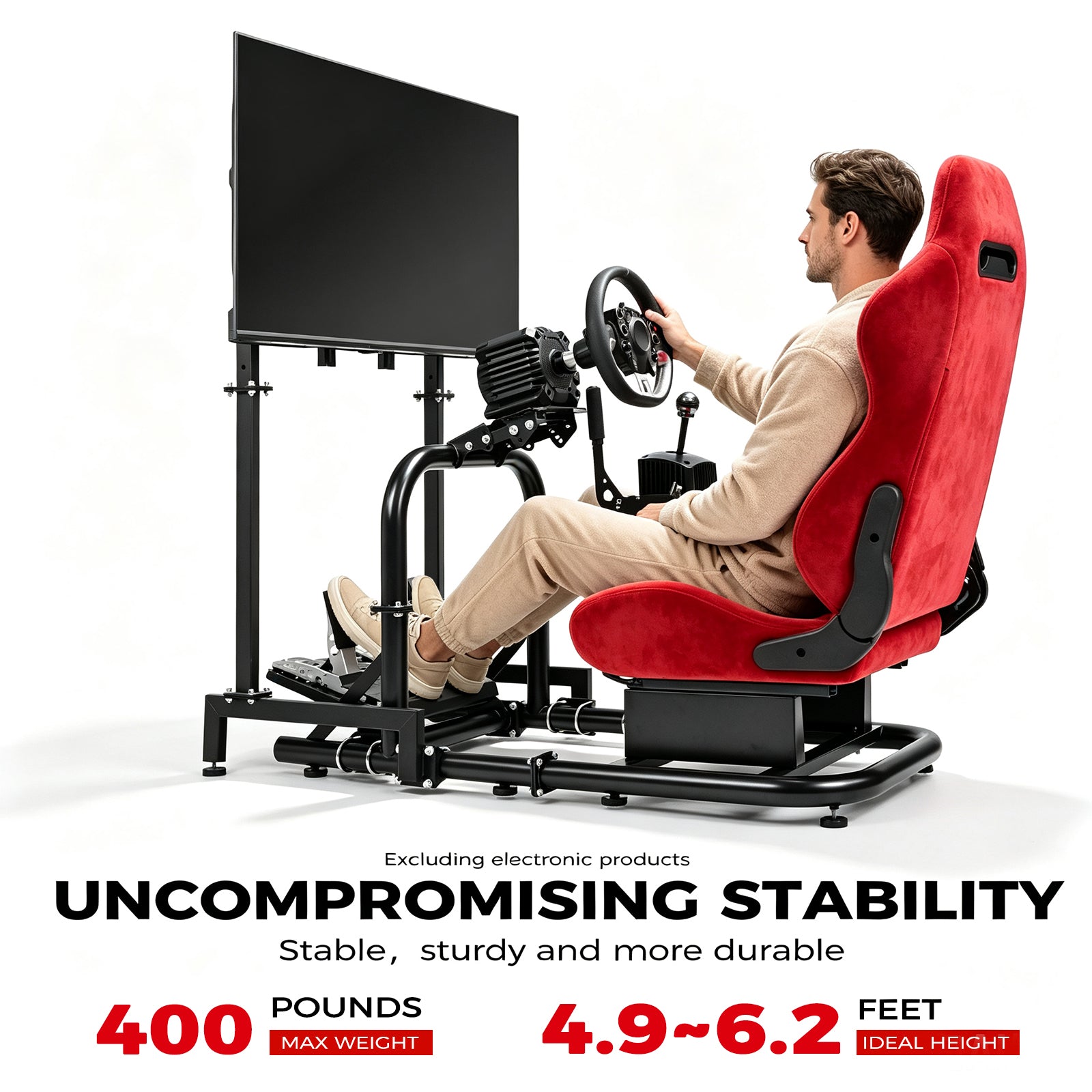 Minneer Stable Racing Simulator Cockpit with Red Suede Seat and Monitor Stand, Fit for Logitech G29 G920, for Thrustmaster T248 T300, for Fanatec, Racing Wheel Stand, Wheel Pedal Handbrake Not Included