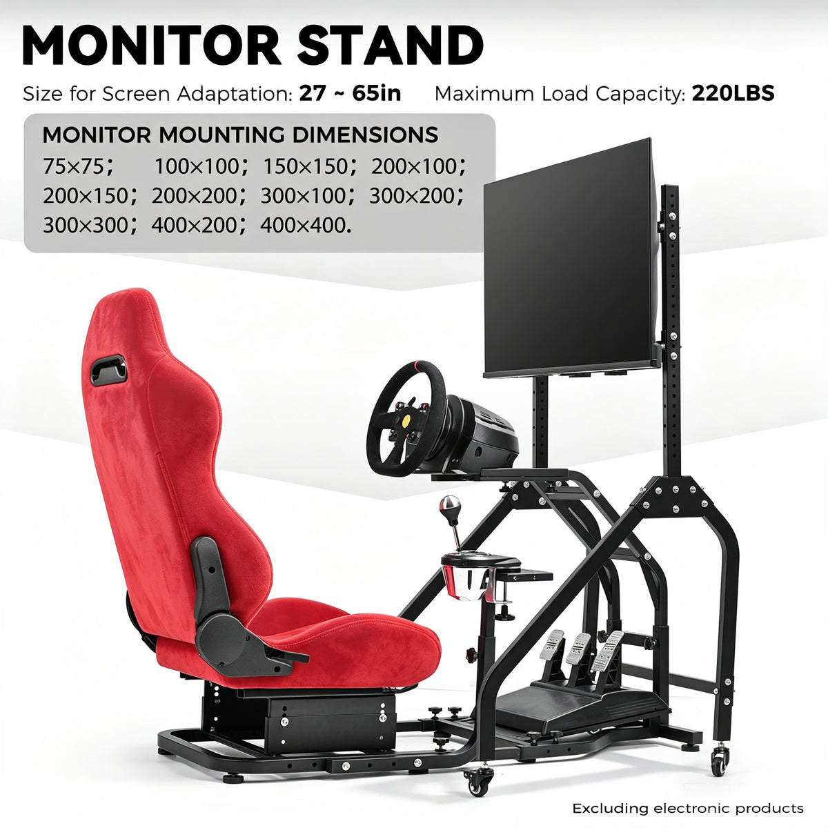 Minneer Adjustable Racing Simulator Cockpit with Red Suede Seats and Movable Monitor Stand, Fit for Logitech G Pro, for Thrustmaster T818, for Fanatec CSLDD, Electronics not included