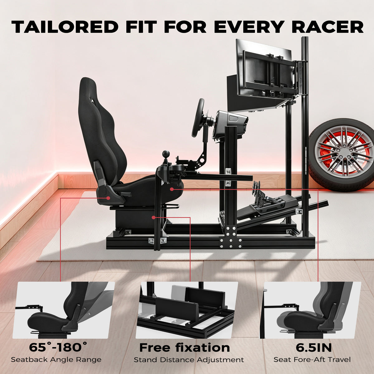 Minnee 4080 Aluminum Racing Simulator Cockpit with Black Seat and Triple Monitor stand, Fully Adjustability, Fit for Logitech, Thrustmaster, Fanatec G29 G920 T300, Not Include Steering Wheel,Pedals,Handbrake,Monitor