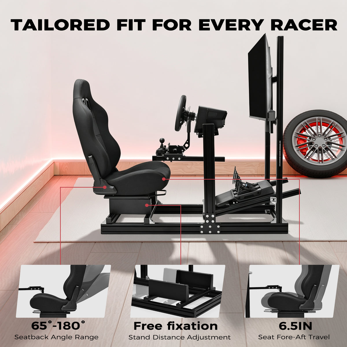 Minneer 4080 Aluminum  Profile Racing Sim Cockpit with Black Seat and Monitor stand, Ultra Strength & Rigidity, Fit for Logitech,Thrustmaster, Fanatec G29 G923 T248,  Not Include Steering Wheel,Pedals,Handbrake