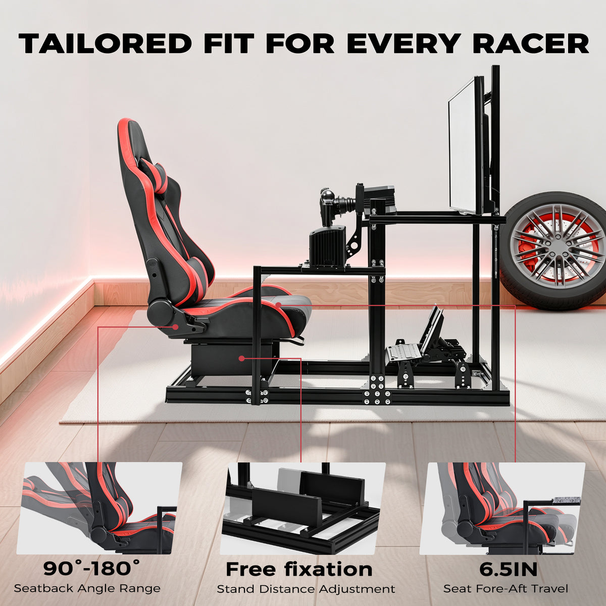 Minneer 3060 Racing Simulator Cockpit with Red Seat & TV Stand ,Ultra Strength & Rigidity, Fit for Logitech G29 G923, Sim frame 3060, Not Include Steering Wheel,Pedals,Handbrake