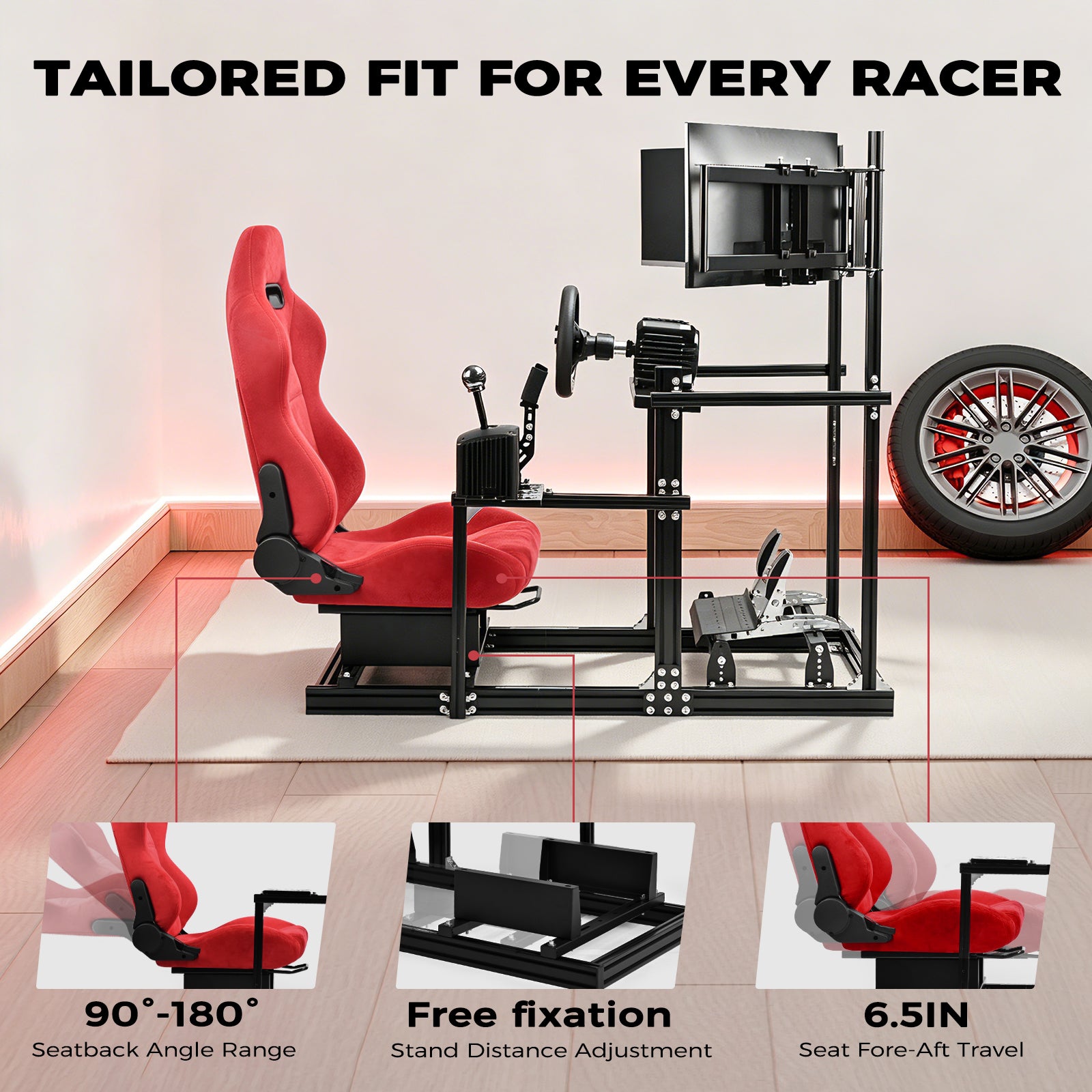 Minneer 3060&3030 Aluminium Racing Simulator Cockpit with Red Suede Seat, fit for Fanatec, for Logitech, for Thrustmaster, Racing Stand with Triple TV Mount, Steering Wheel and Pedals Not Include