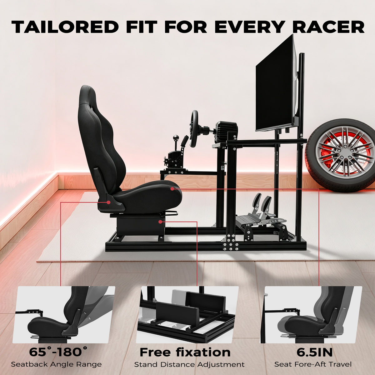 Minneer 3060 Racing Simulator Cockpit with Black Seat and TV Stand, Ultra Strength and Rigidity, Fits Logitech G29 G923, Analog Frame 3060, Steering Wheel, Pedals, and Hand Brake Not Included