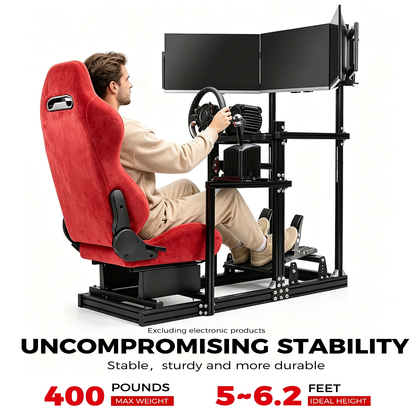 Minneer 3060&3030 Aluminium Racing Simulator Cockpit with Red Suede Seat, fit for Fanatec, for Logitech, for Thrustmaster, Racing Stand with Triple TV Mount, Steering Wheel and Pedals Not Include