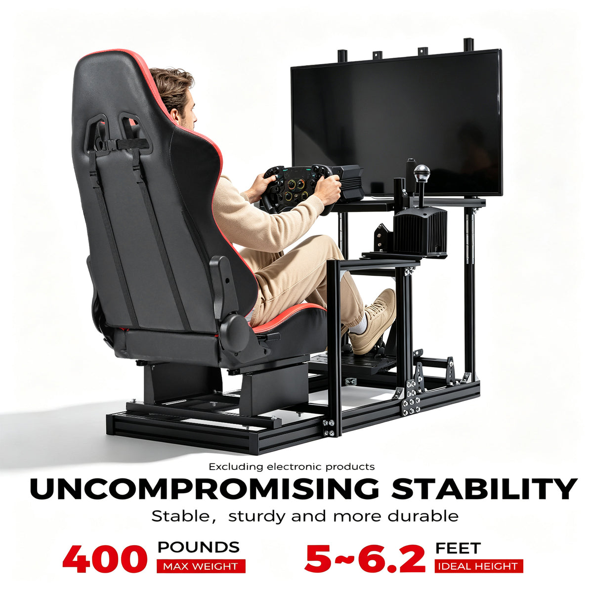 Minneer 3060 Racing Simulator Cockpit with Red Seat & TV Stand ,Ultra Strength & Rigidity, Fit for Logitech G29 G923, Sim frame 3060, Not Include Steering Wheel,Pedals,Handbrake