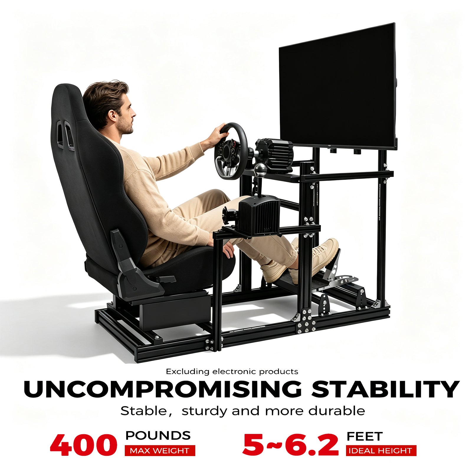 Minneer 3060 Racing Simulator Cockpit with Black Seat and TV Stand, Ultra Strength and Rigidity, Fits Logitech G29 G923, Analog Frame 3060, Steering Wheel, Pedals, and Hand Brake Not Included