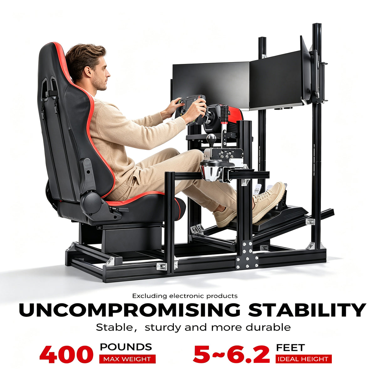 Minneer 4080 Aluminium Profile Racing Sim Cockpit with Red Seat and Triple Monitor Stand, Fully Adjustability, Fit for Logitech,Thrustmaster, Fanatec G29 G923 T248,  Not Include Steering Wheel,Pedals,Handbrake
