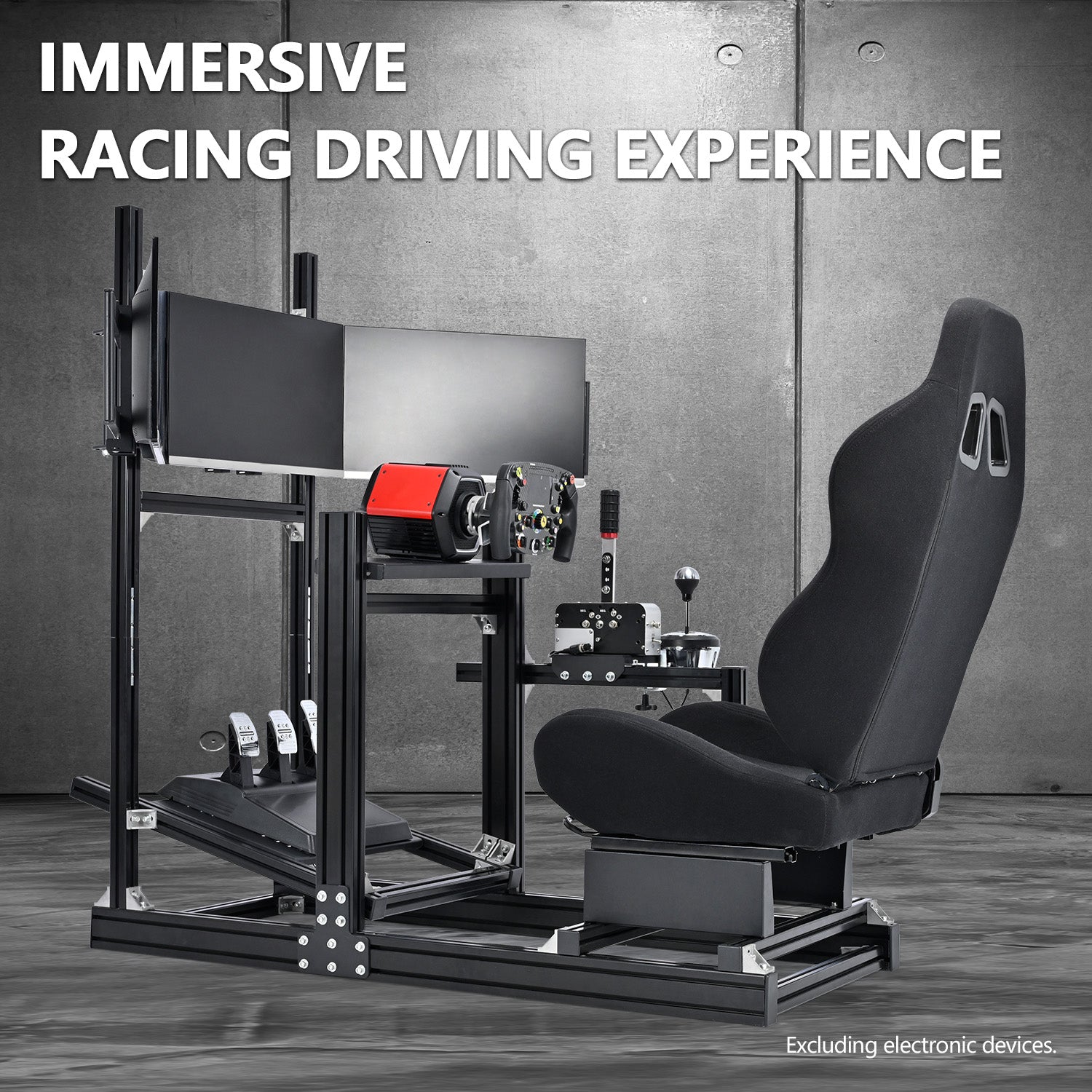 Minnee 4080 Aluminum Racing Simulator Cockpit with Black Seat and Triple Monitor stand, Fully Adjustability, Fit for Logitech, Thrustmaster, Fanatec G29 G920 T300, Not Include Steering Wheel,Pedals,Handbrake,Monitor