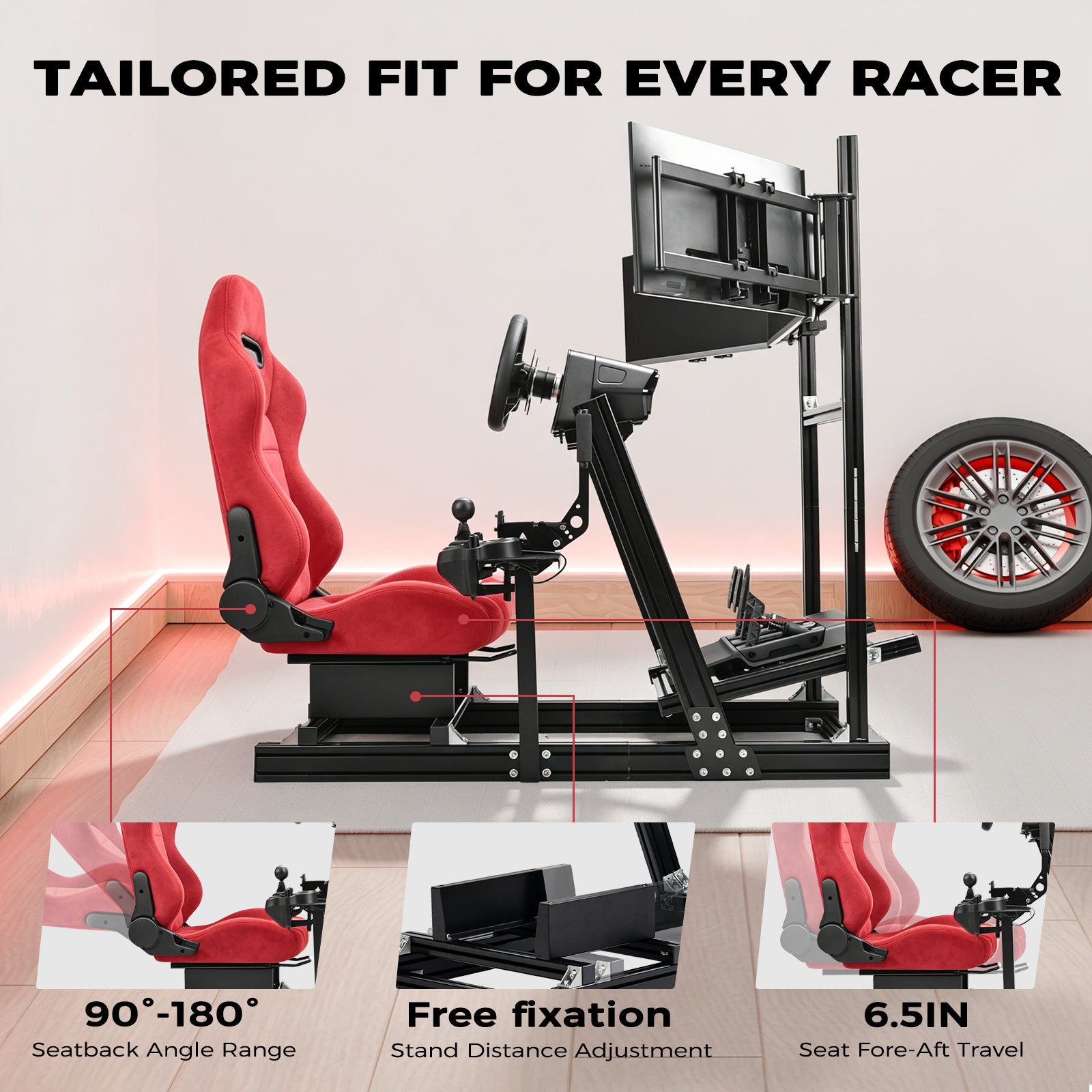Minneer 4080 Aluminum Racing Simulator Cockpit with Suede Seat and Triple Monitor Stand, Fully Adjustability, Fit for Logitech, Thrustmaster, Fanatec G29 G920 T248, Not Include Steering Wheel,Pedals,Handbrake,Monitor