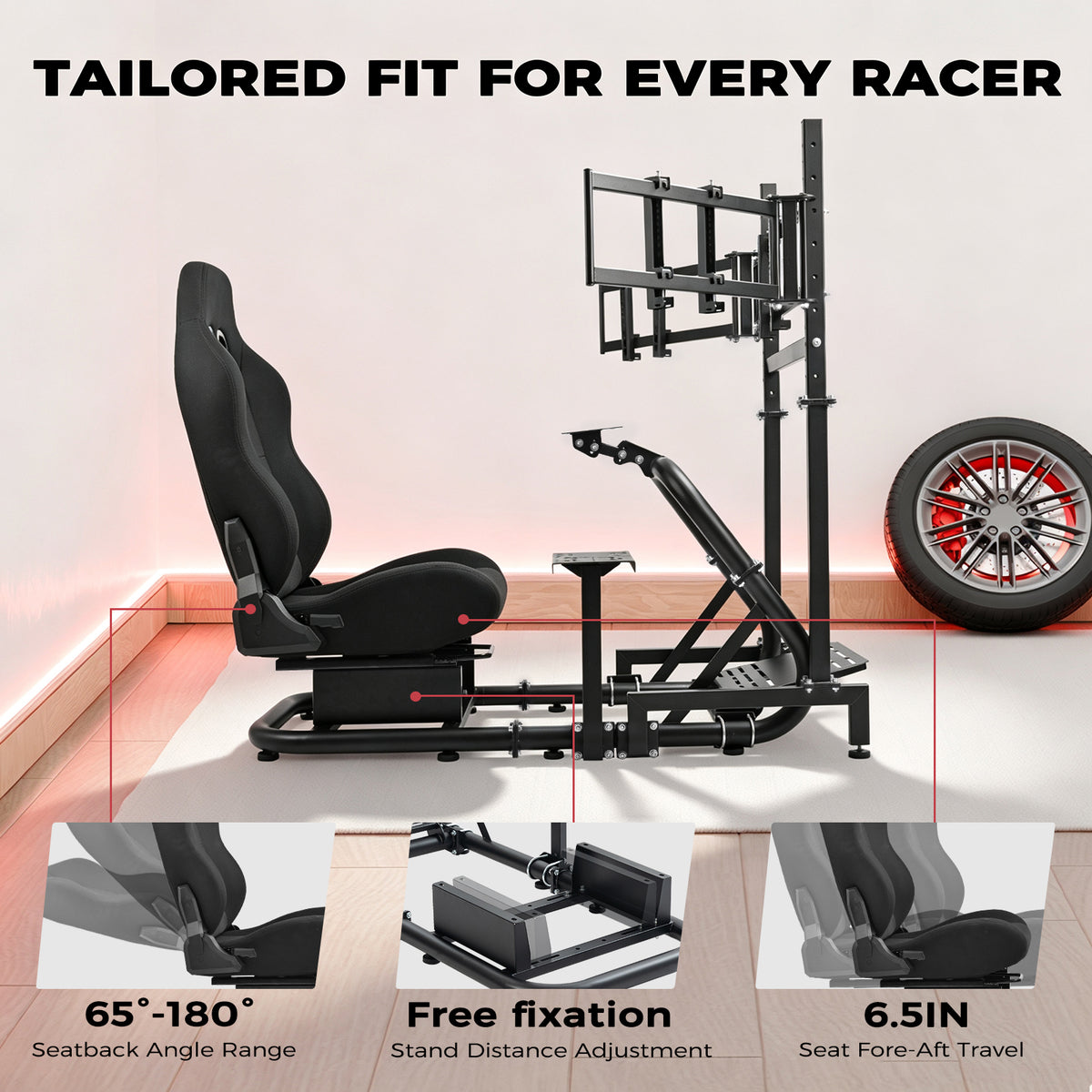 Minneer  Racing Simulator Cockpit with triple monitor stand and black seat Compatible with Logitech/Thrustmaster/Fanatec G29 G920 G923 T300RS CSL-DD, excludes steering wheel, pedals, monitor and gear shifter
