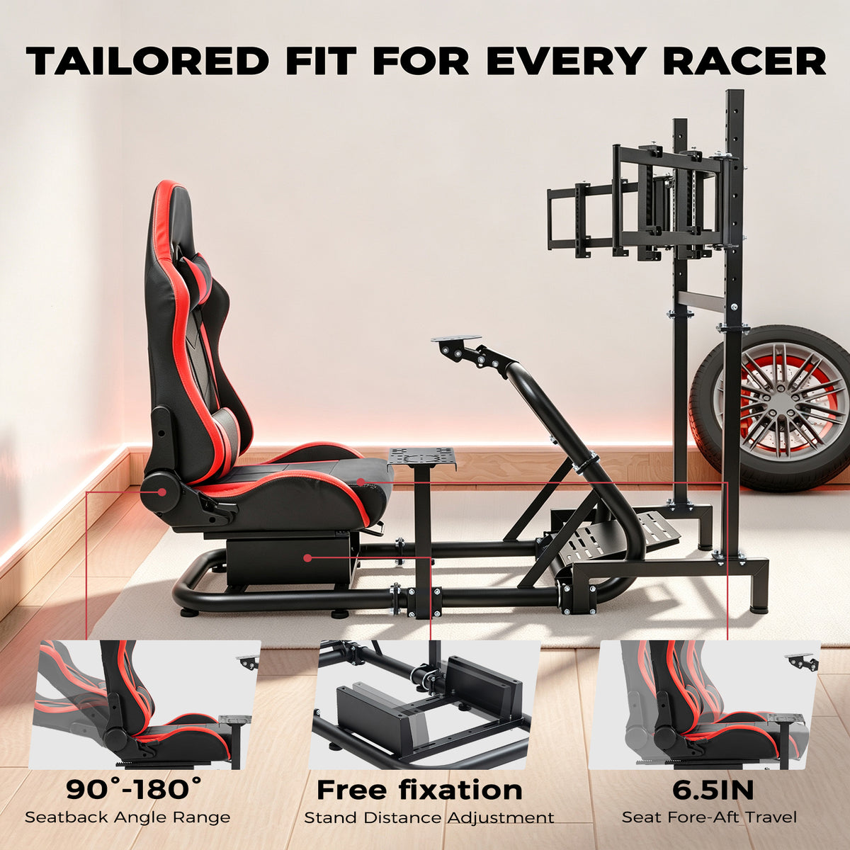 Minneer Racing Simulator Cockpit with Triple Monitor Stand and Red Seat Fit for Logitech/Thrustmaster/Fanatec T500RS TX G29 G920 G923 CSL-DD,  Excludes steering wheel, pedals, monitor and gear shifter