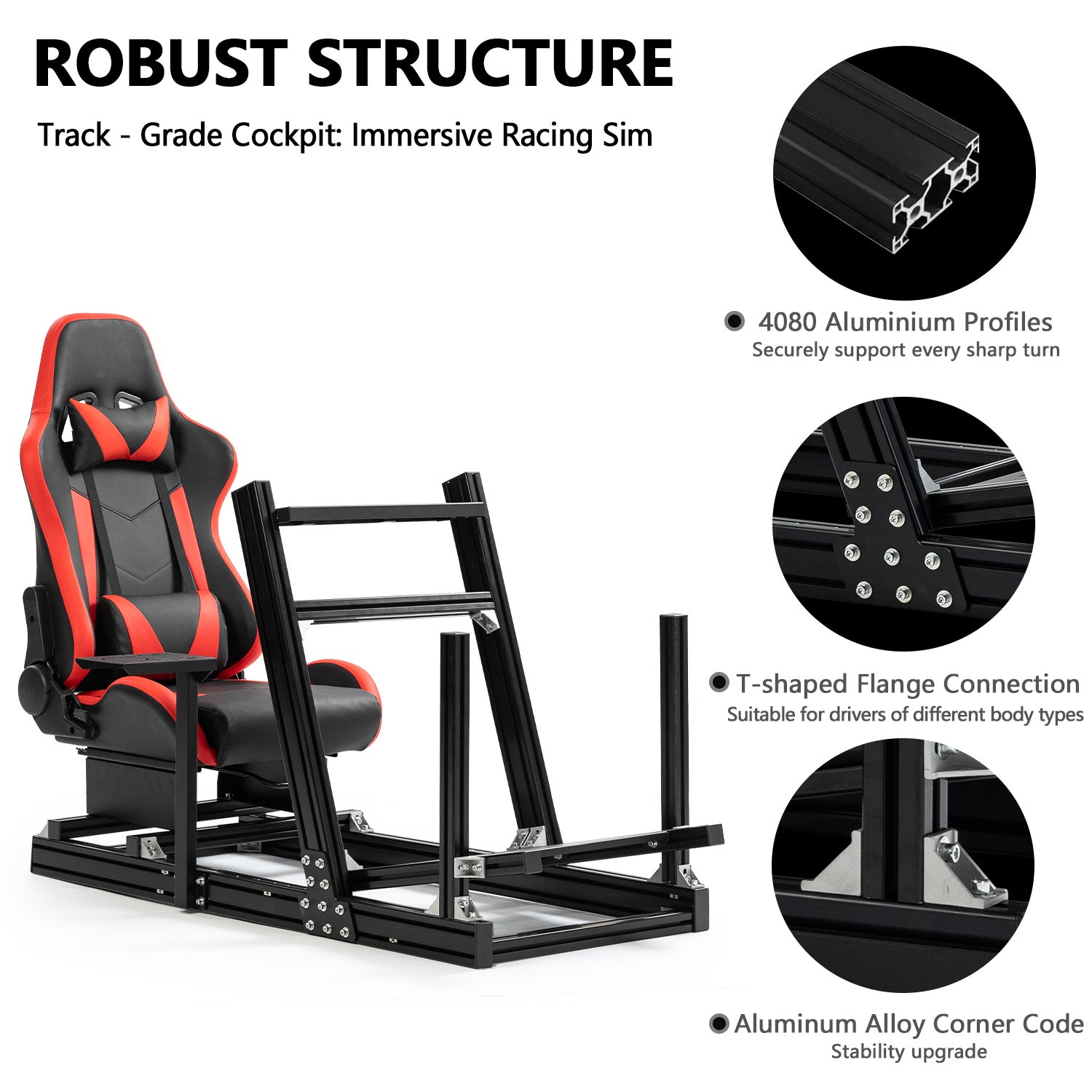 Minneer 4080 Aluminum Profile Racing Simulator Cockpit with Red Seat, Fully Adjustability, Fit for Logitech G920 & G923, Xbox, Thrustmaster T300Rs, Sim Frame 8040, without Steering Wheel, Pedals and Handbrak