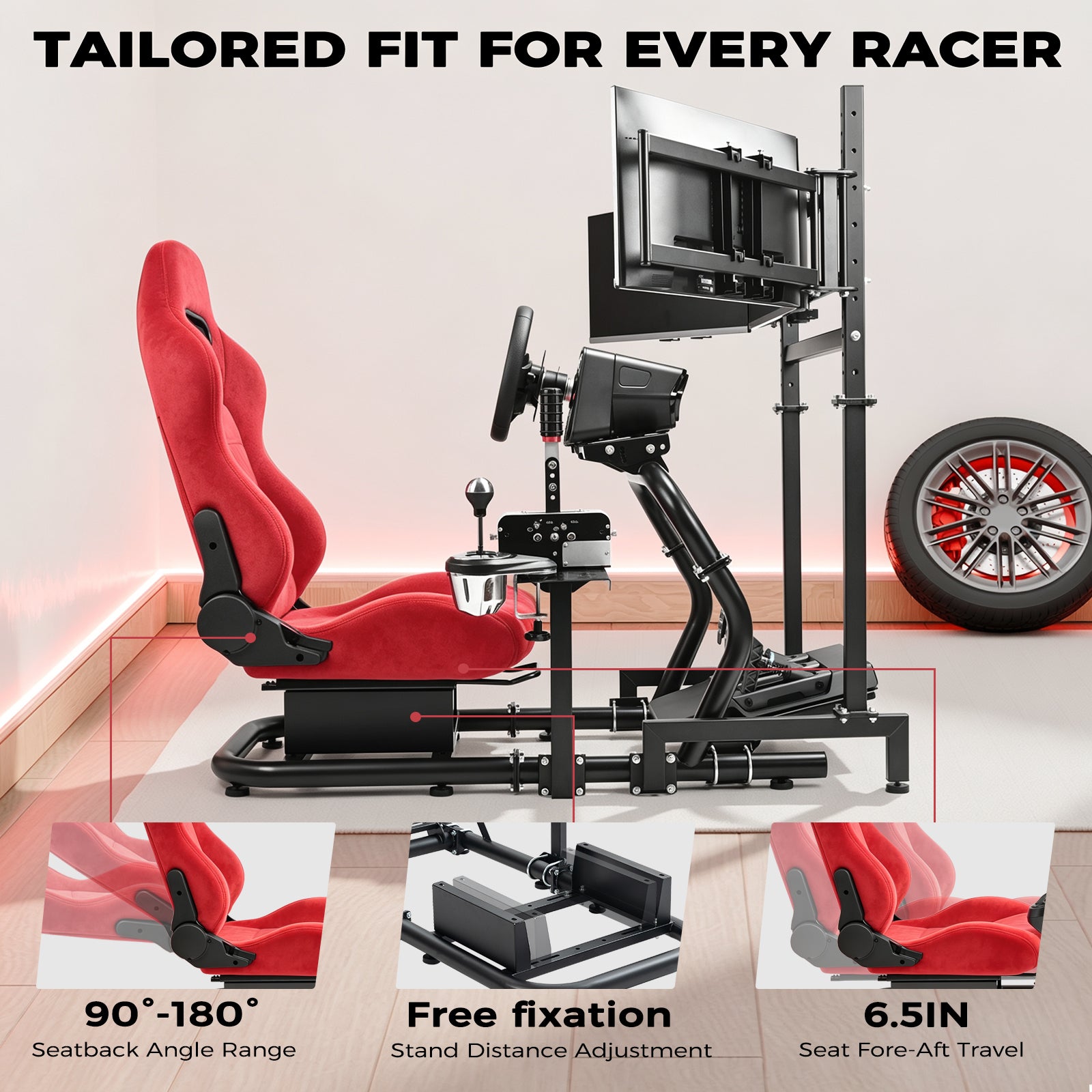Minneer 50MM Adjustable Racing Cockpit with Red Suede Seat Triple Monitor stand Fit for Logitech G29 G920 G923, for Thrustmaster, for Fanatec Adjustable Racing Wheel Stand, Gaming Race Cockpit Without Steering Wheel Pedal Shifter