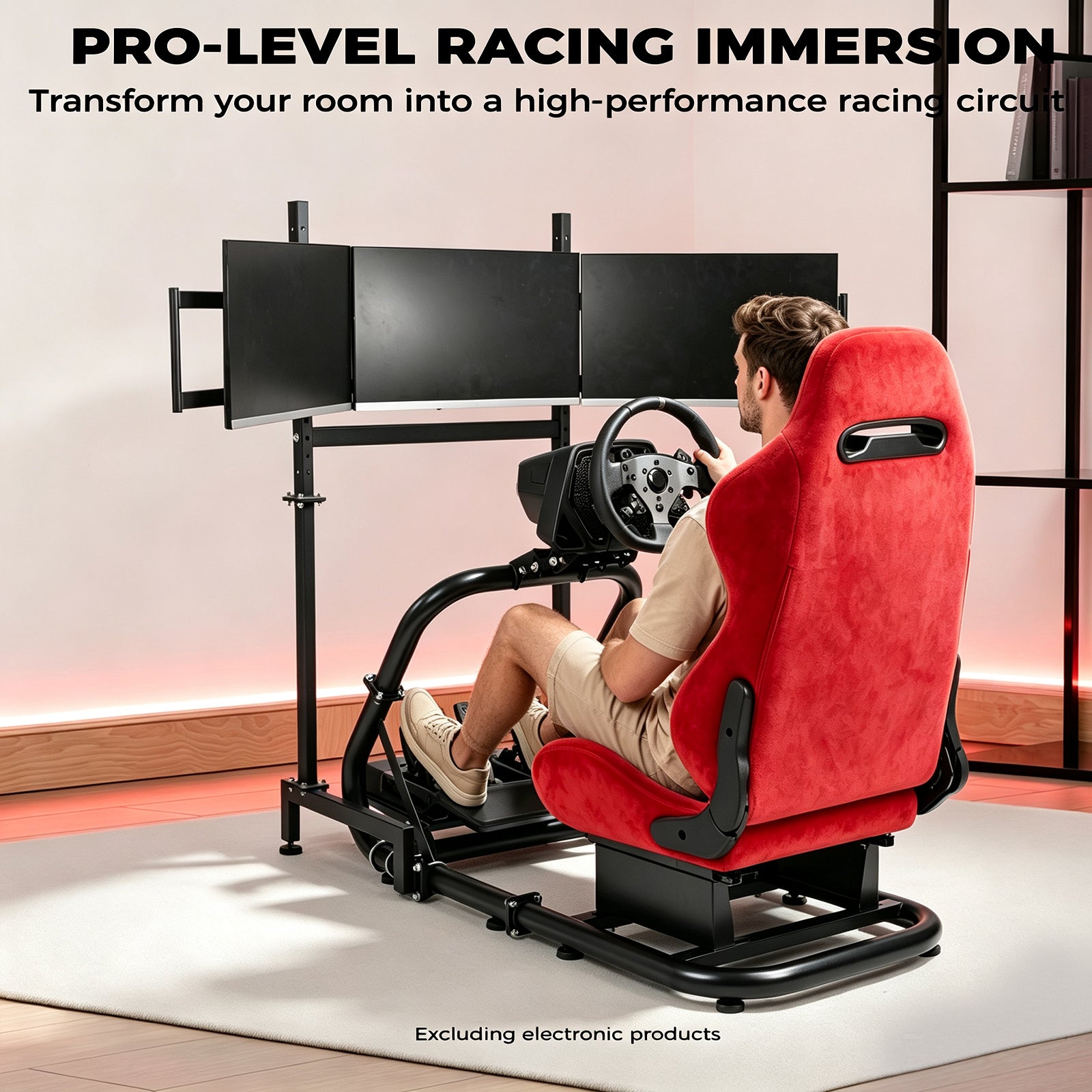 Minneer  Racing Simulator Cockpit with triple monitor stand and Suede seat Compatible with Logitech/Thrustmaster/Fanatec G29 G920 G923 T300RS CSL-DD, excludes steering wheel, pedals, monitor and gear shifter