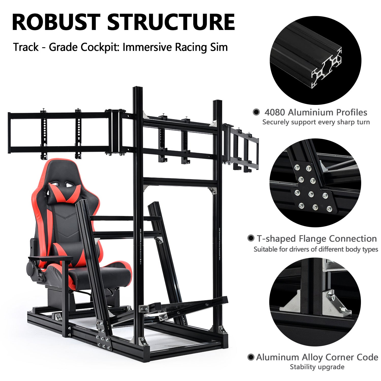 Minneer 4080 Aluminum Racing Simulator Cockpit with Black Seat and Triple Monitor Stand, Fully Adjustability, Fit for Logitech, Thrustmaster, Fanatec G29 G920 T248, Not Include Steering Wheel,Pedals,Handbrake,Monitor