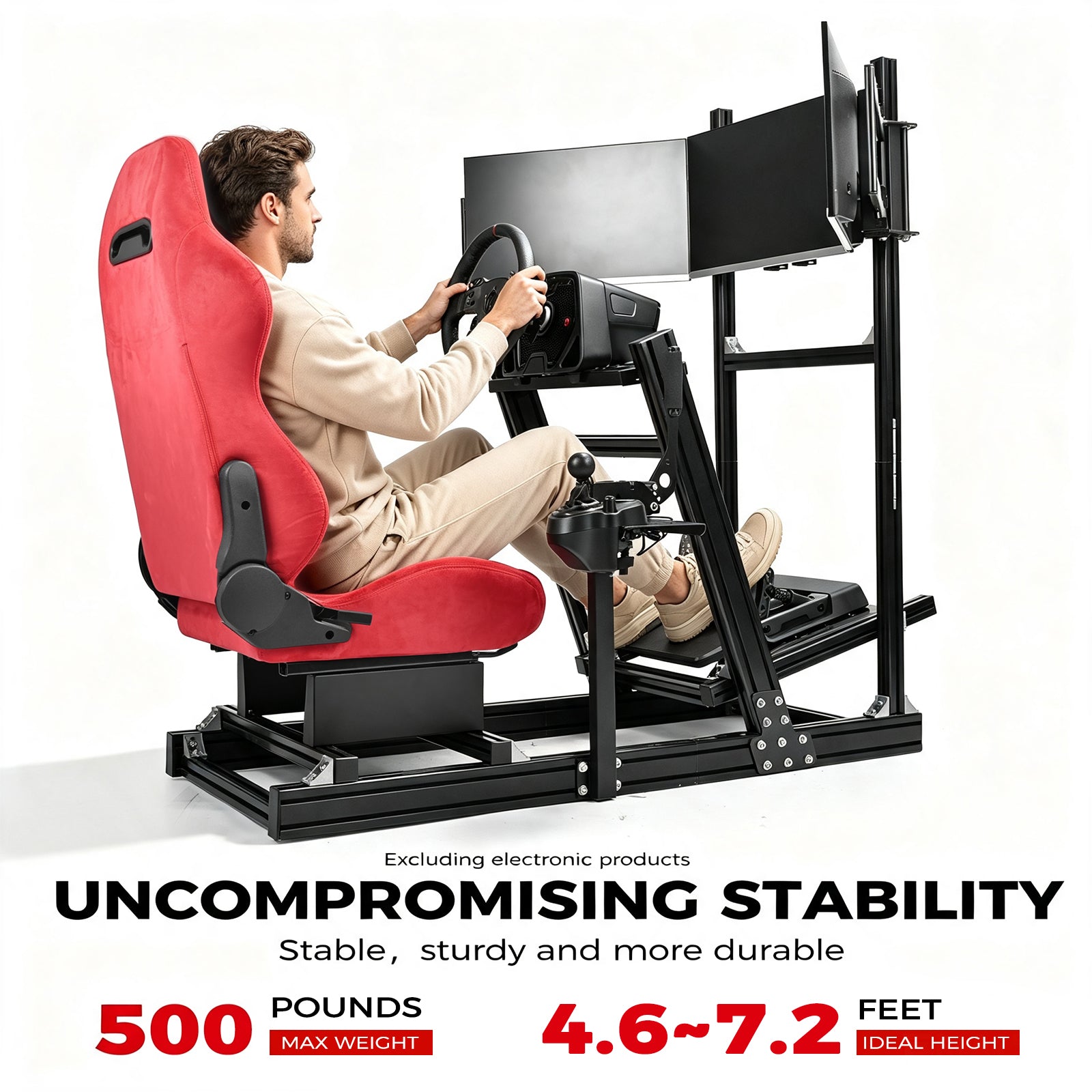 Minneer 4080 Aluminum Racing Simulator Cockpit with Suede Seat and Triple Monitor Stand, Fully Adjustability, Fit for Logitech, Thrustmaster, Fanatec G29 G920 T248, Not Include Steering Wheel,Pedals,Handbrake,Monitor