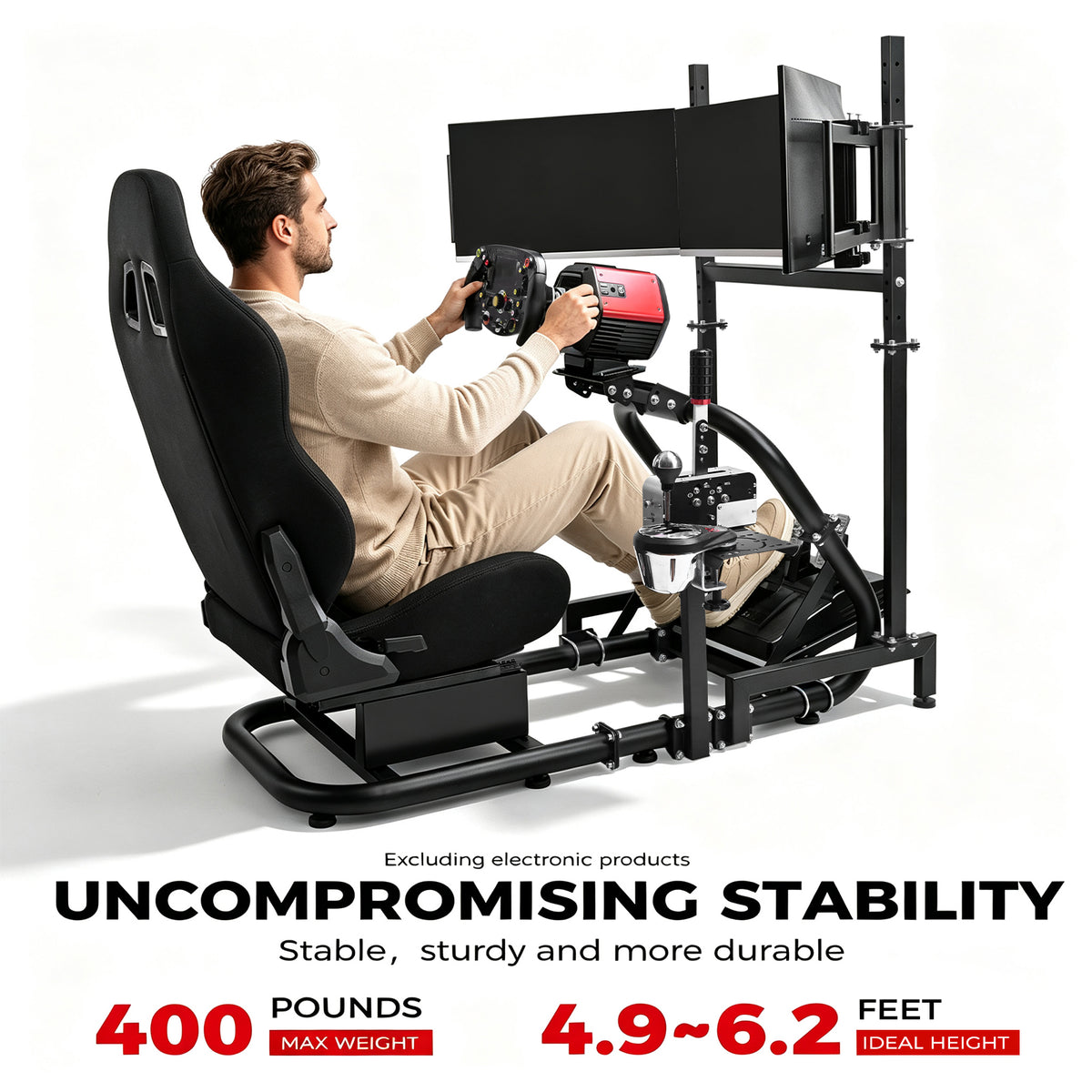 Minneer  Racing Simulator Cockpit with triple monitor stand and black seat Compatible with Logitech/Thrustmaster/Fanatec G29 G920 G923 T300RS CSL-DD, excludes steering wheel, pedals, monitor and gear shifter