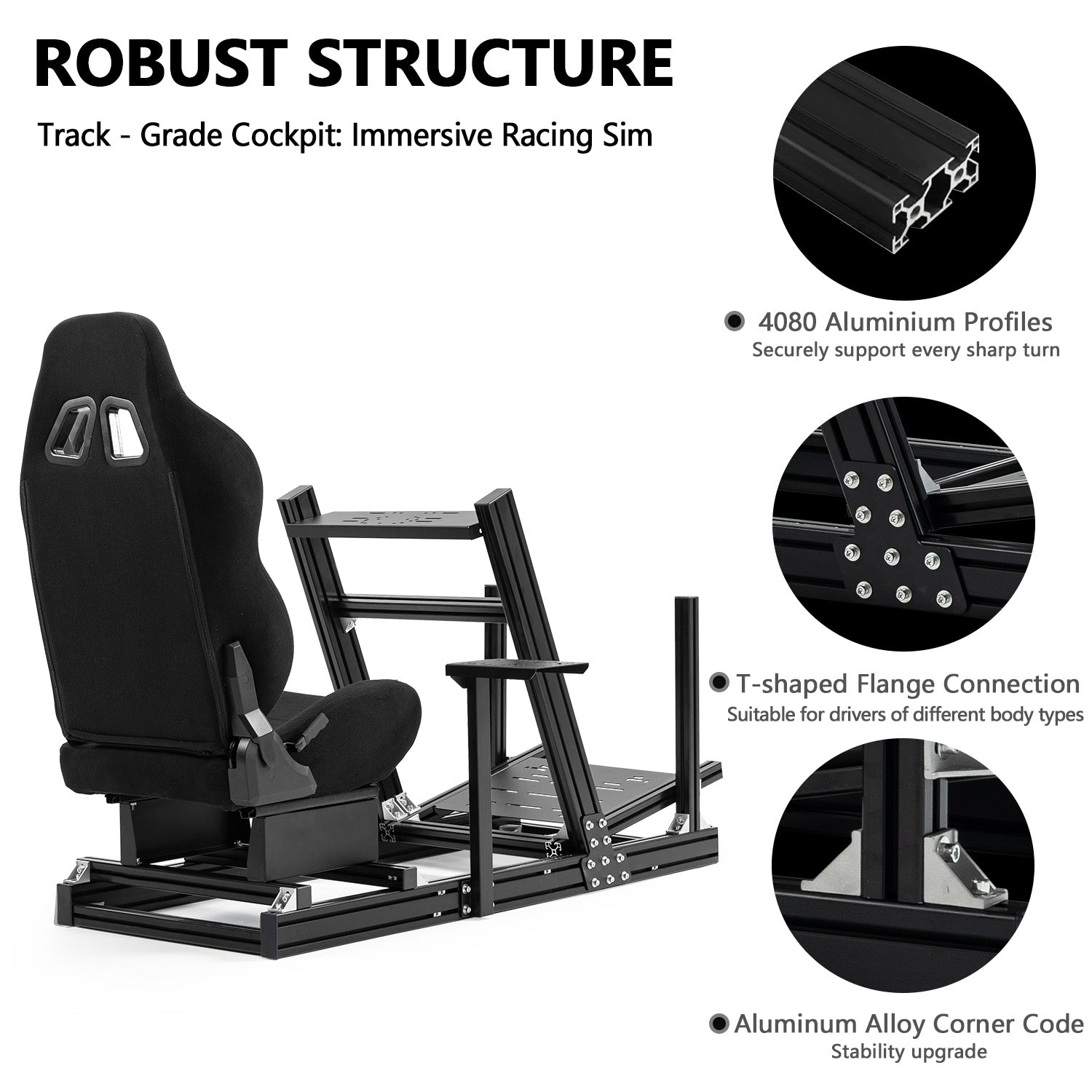 Minneer Racing Simulaor Cockpit 4080 Aluminum Profile with Black Seat , Unlimited Adjustment, Fit for Logitech/Thrustmaster/Fanatec/Moza G920,G923 ,No Handbrake,Pedals,Steering Wheel