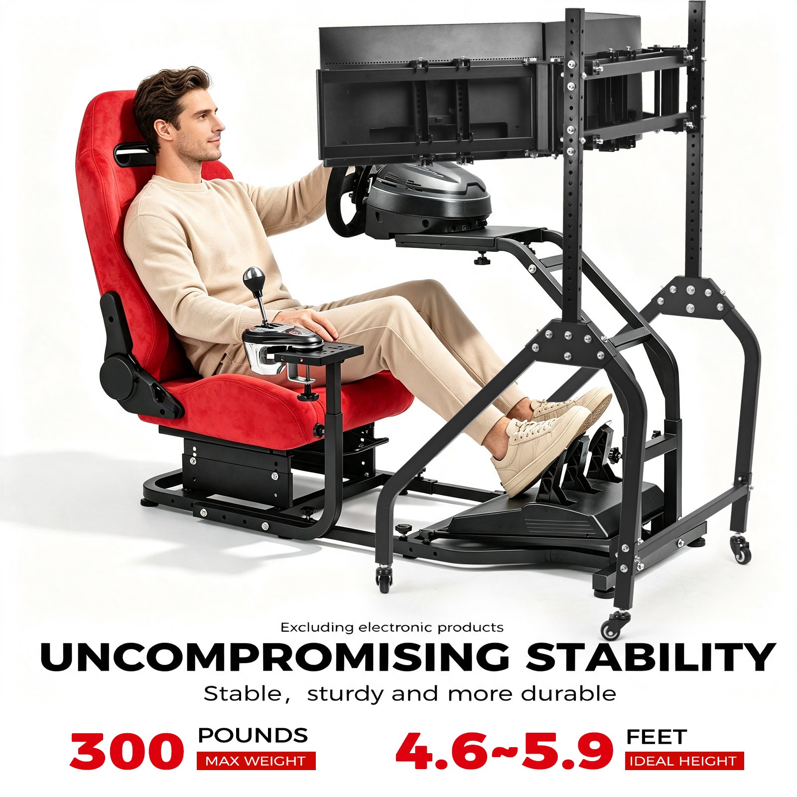 Minneer Steering Wheel Stand Racing Cockpit with Red Suede Seat Triple Monitor stand ,Unobstructed Design for Both Legs,Fit for Logitech/Thrustmaster G29,G920,G923,G25&T300RS,T80,T150 Adjustable, No Steering Wheel, Handbra