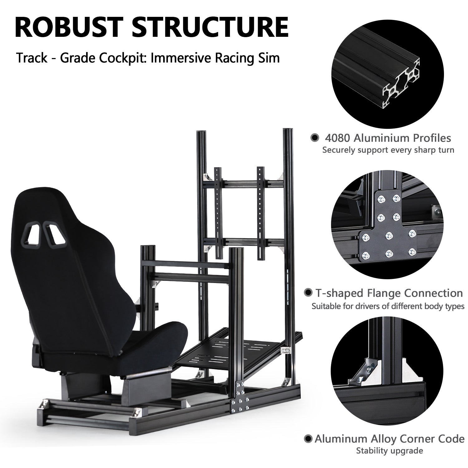 Minneer 4080 Aluminum  Profile Racing Sim Cockpit with Black Seat and Monitor stand, Ultra Strength & Rigidity, Fit for Logitech,Thrustmaster, Fanatec G29 G923 T248,  Not Include Steering Wheel,Pedals,Handbrake