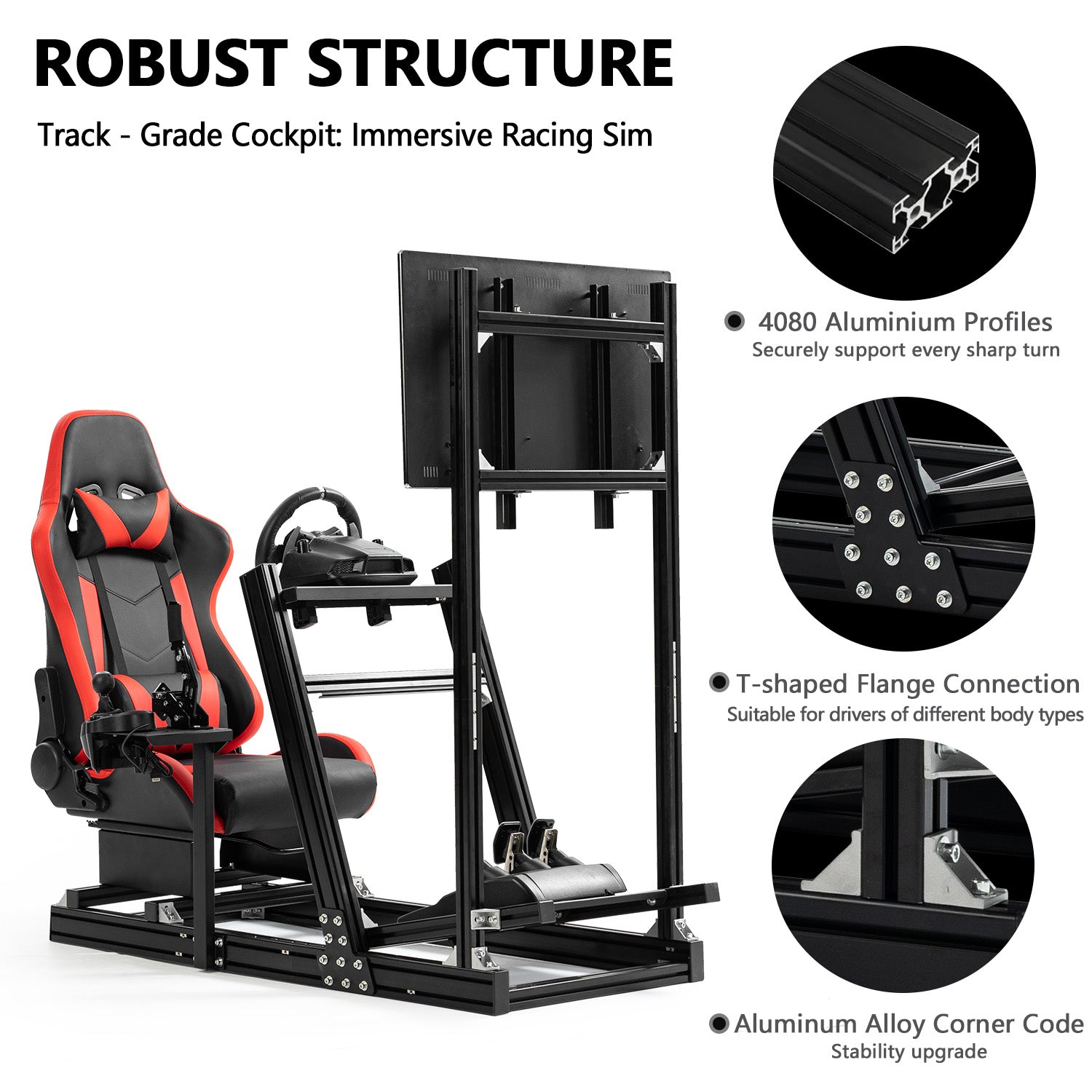Minneer 4080 Aluminum Profile Racing Simulator Cockpit with Red Seat and Monitor Stand, Fully Adjustability, Fit for Logitech, Thrustmaster, Fanatec G29 G920 T248, Not Include Steering Wheel,Pedals,Handbrake,Monitor