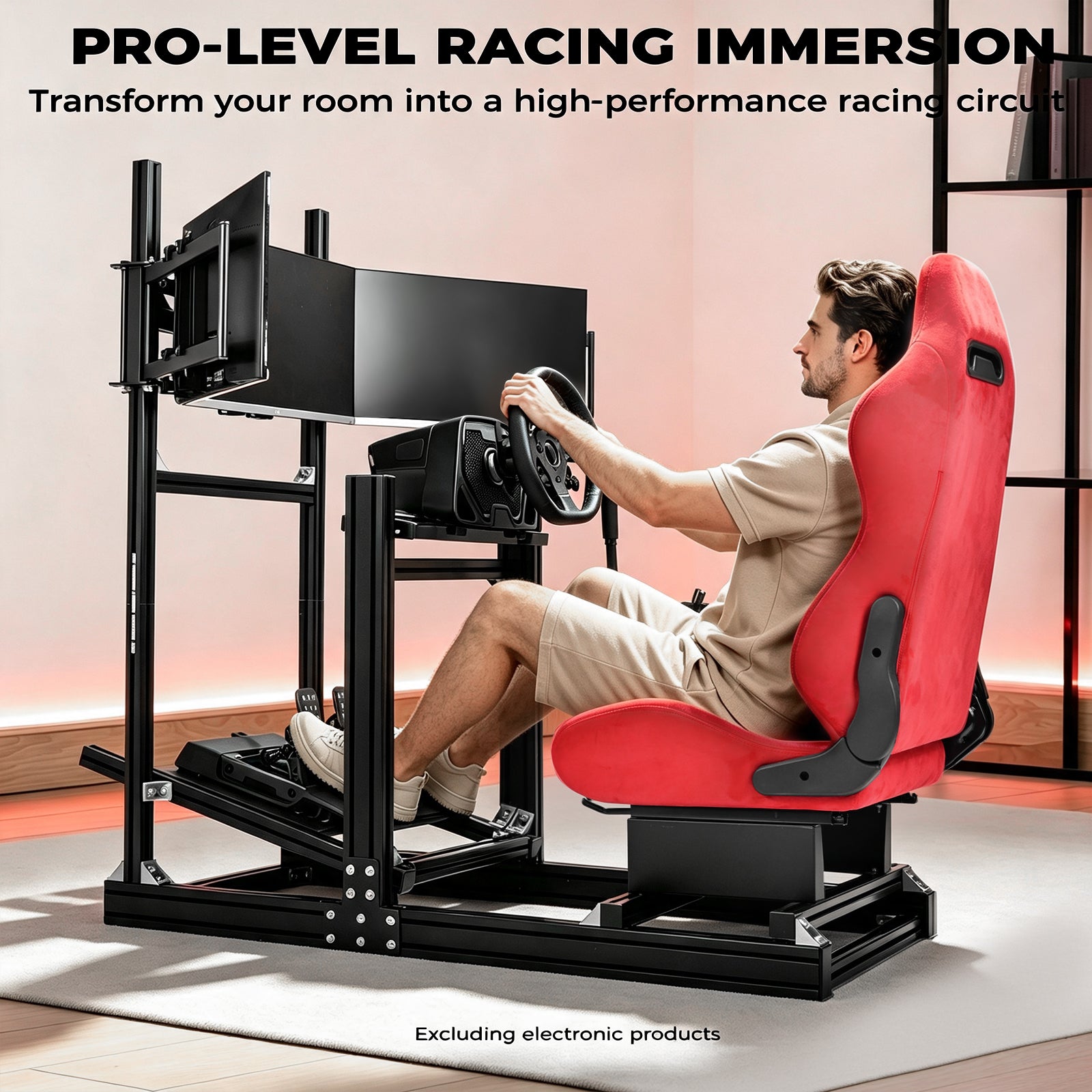 Minneer 4080 Aluminium Profile Racing Sim Cockpit with Red Suede Seat and Triple Monitor Stand, Fully Adjustability, Fit for Logitech,Thrustmaster, Fanatec G29 G923 T248,  Not Include Steering Wheel,Pedals,Handbrake