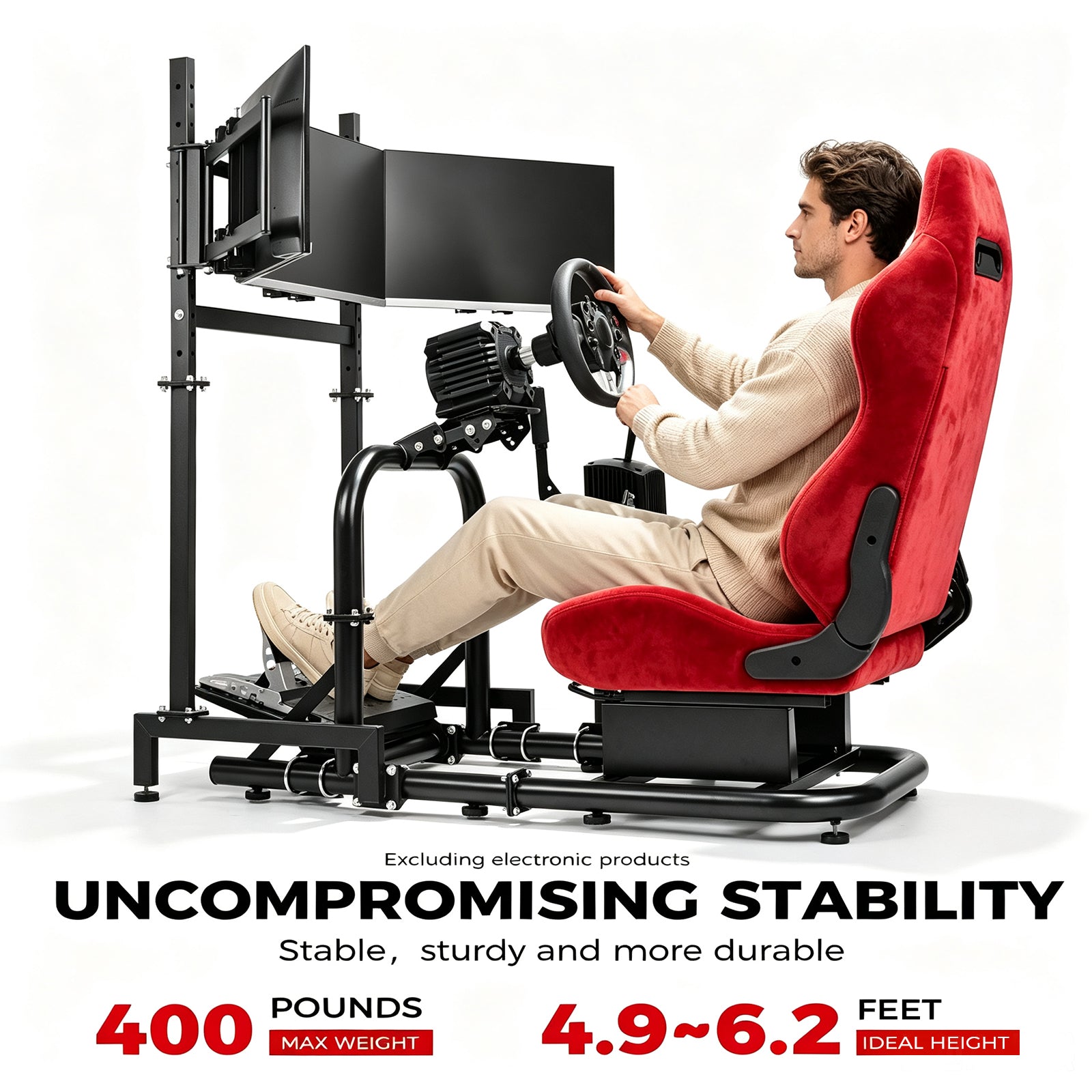 Minneer Racing Sim Cockpit with Triple Monitor Stand and Red Suede Seat, Wide Compatibility, Fit for Logitech,Thrustmaster, Fanatec G29 G923 T248,  Not Include Steering Wheel,Pedals,Handbrake