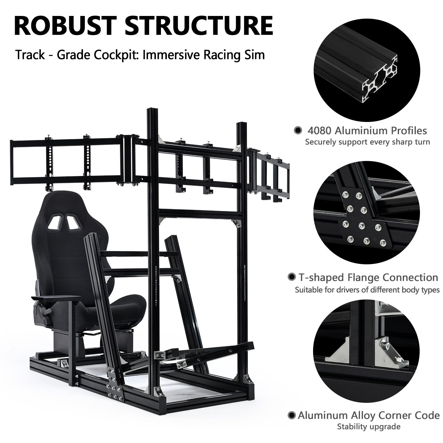 Minneer 4080 Aluminum Racing Simulator Cockpit with Black Seat and Triple Monitor Stand, Fully Adjustability, Fit for Logitech, Thrustmaster, Fanatec G29 G920 T248, Not Include Steering Wheel,Pedals,Handbrake,Monitor