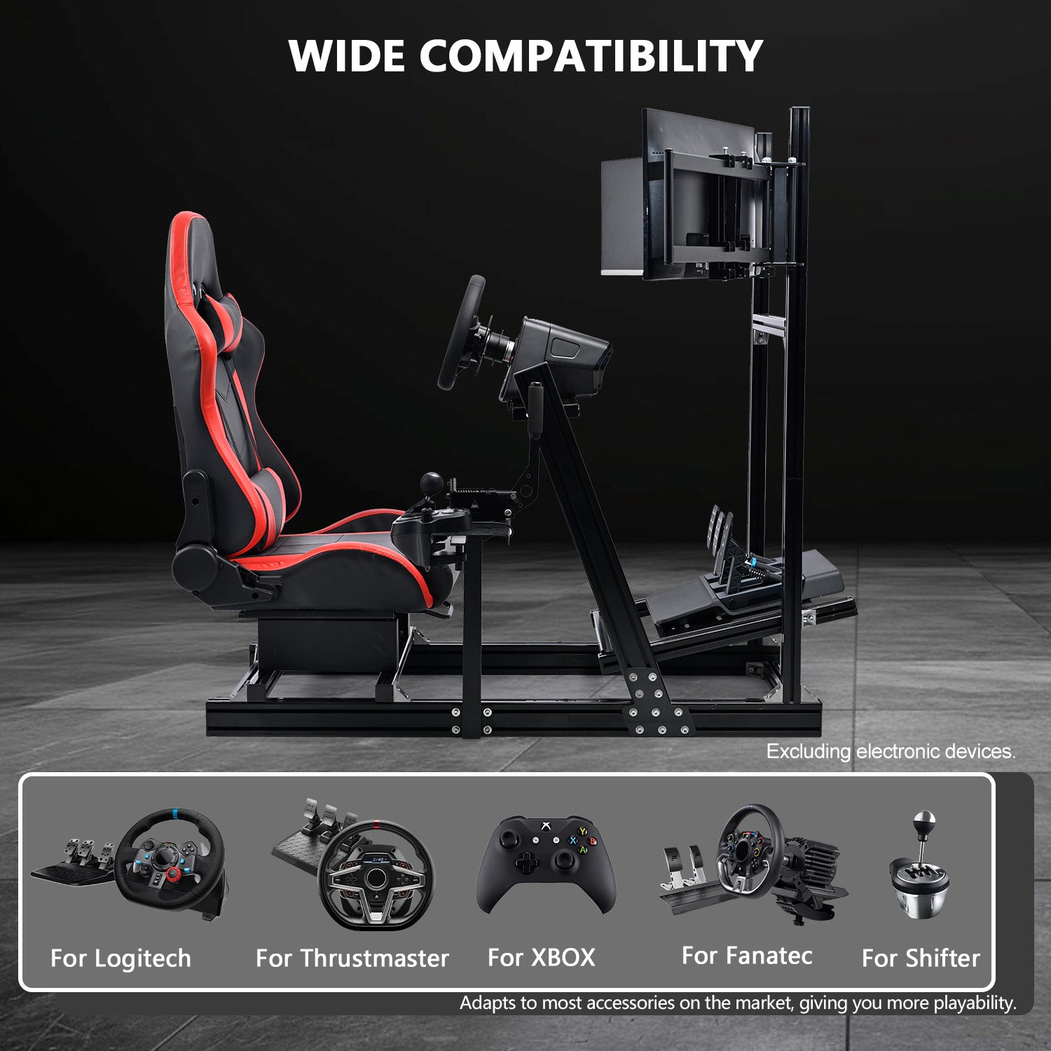 Minneer 4080 Aluminum Racing Simulator Cockpit with Black Seat and Triple Monitor Stand, Fully Adjustability, Fit for Logitech, Thrustmaster, Fanatec G29 G920 T248, Not Include Steering Wheel,Pedals,Handbrake,Monitor