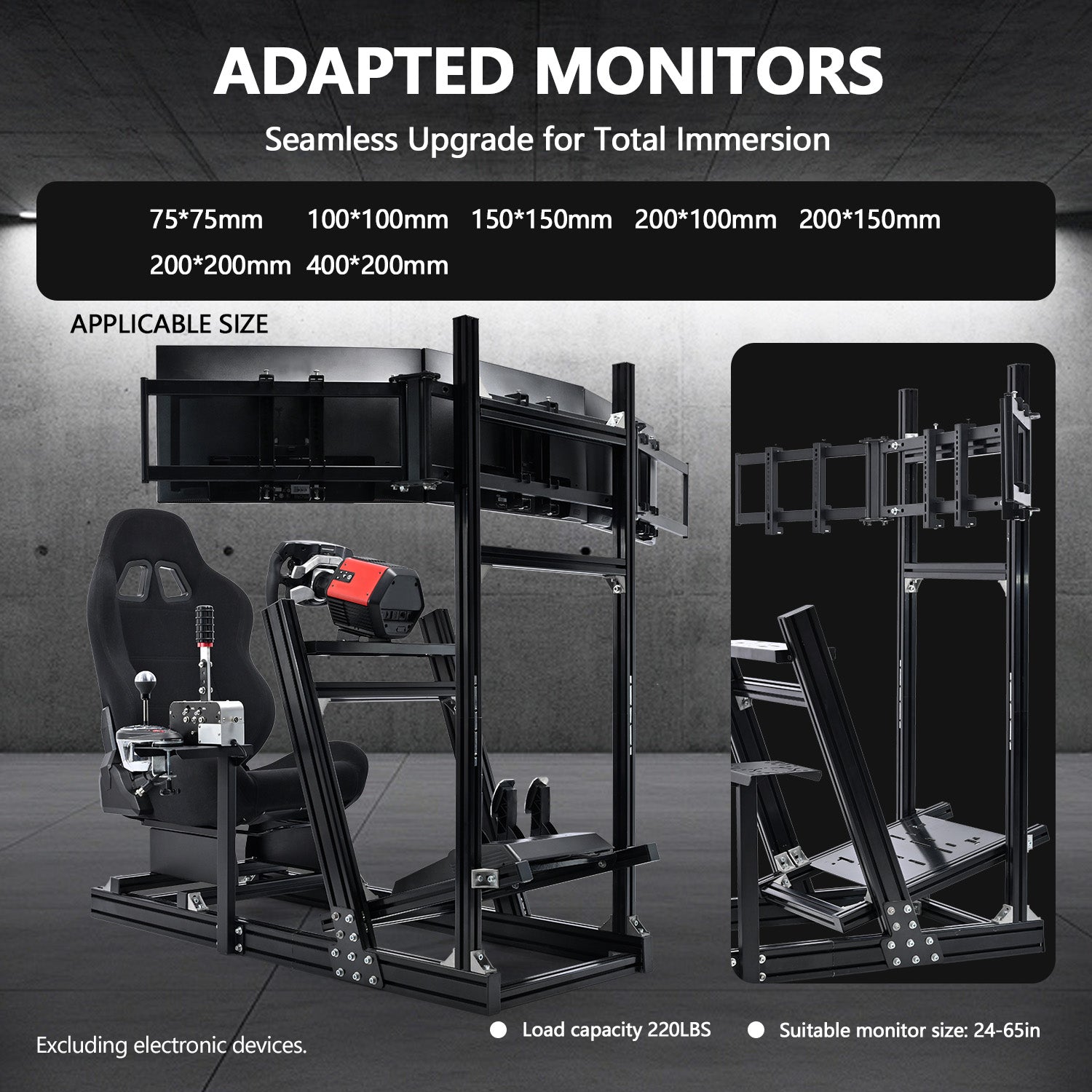 Minneer 4080 Aluminum Racing Simulator Cockpit with Black Seat and Triple Monitor Stand, Fully Adjustability, Fit for Logitech, Thrustmaster, Fanatec G29 G920 T248, Not Include Steering Wheel,Pedals,Handbrake,Monitor