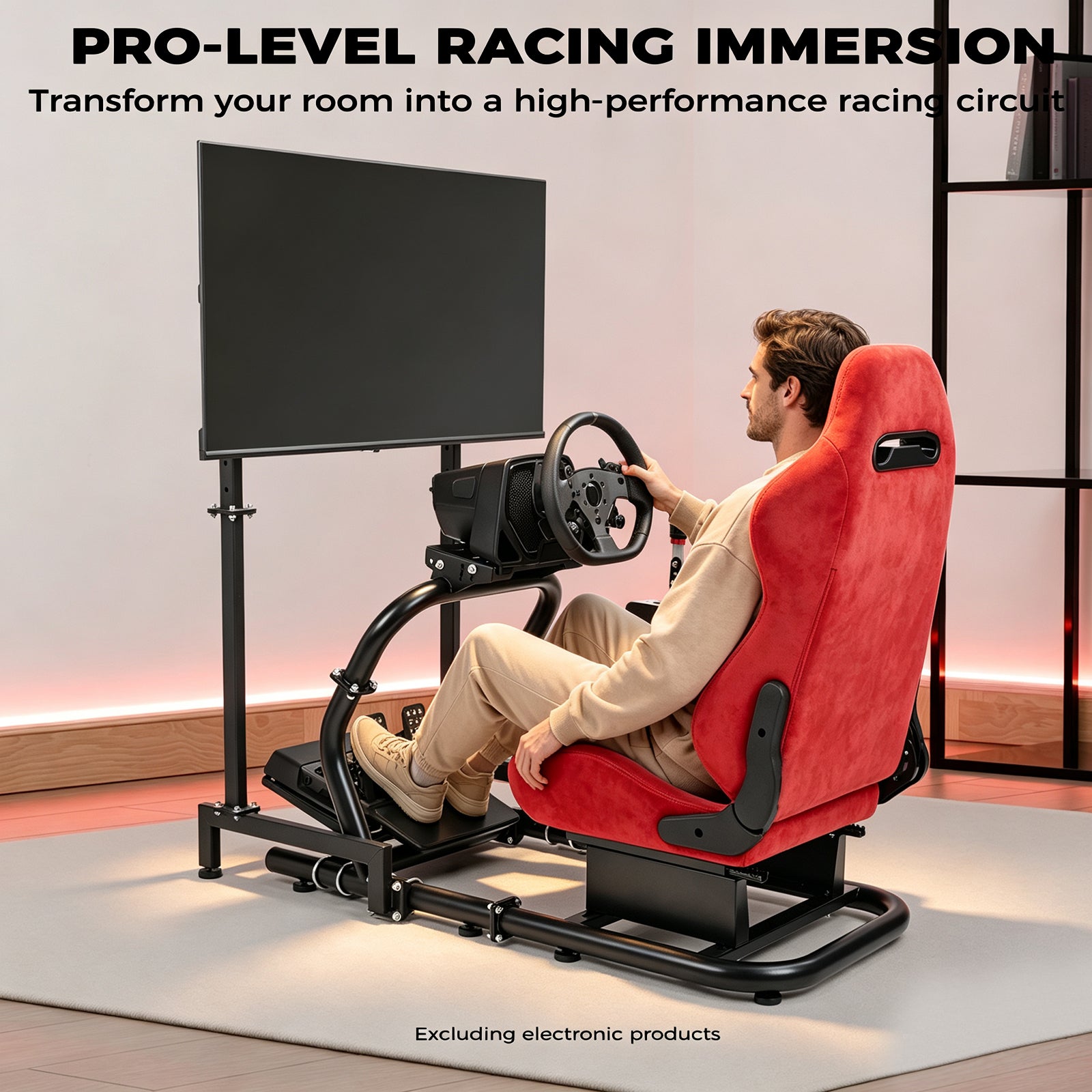 Minneer 50MM Adjustable Racing Cockpit with Red Suede Seat and Monitor Stand, Fit for Logitech G29 G920 G923, for Thrustmaster, for Fanatec, Adjustable Racing Wheel Stand, Gaming Race Cockpit Without Steering Wheel Pedal Shifter