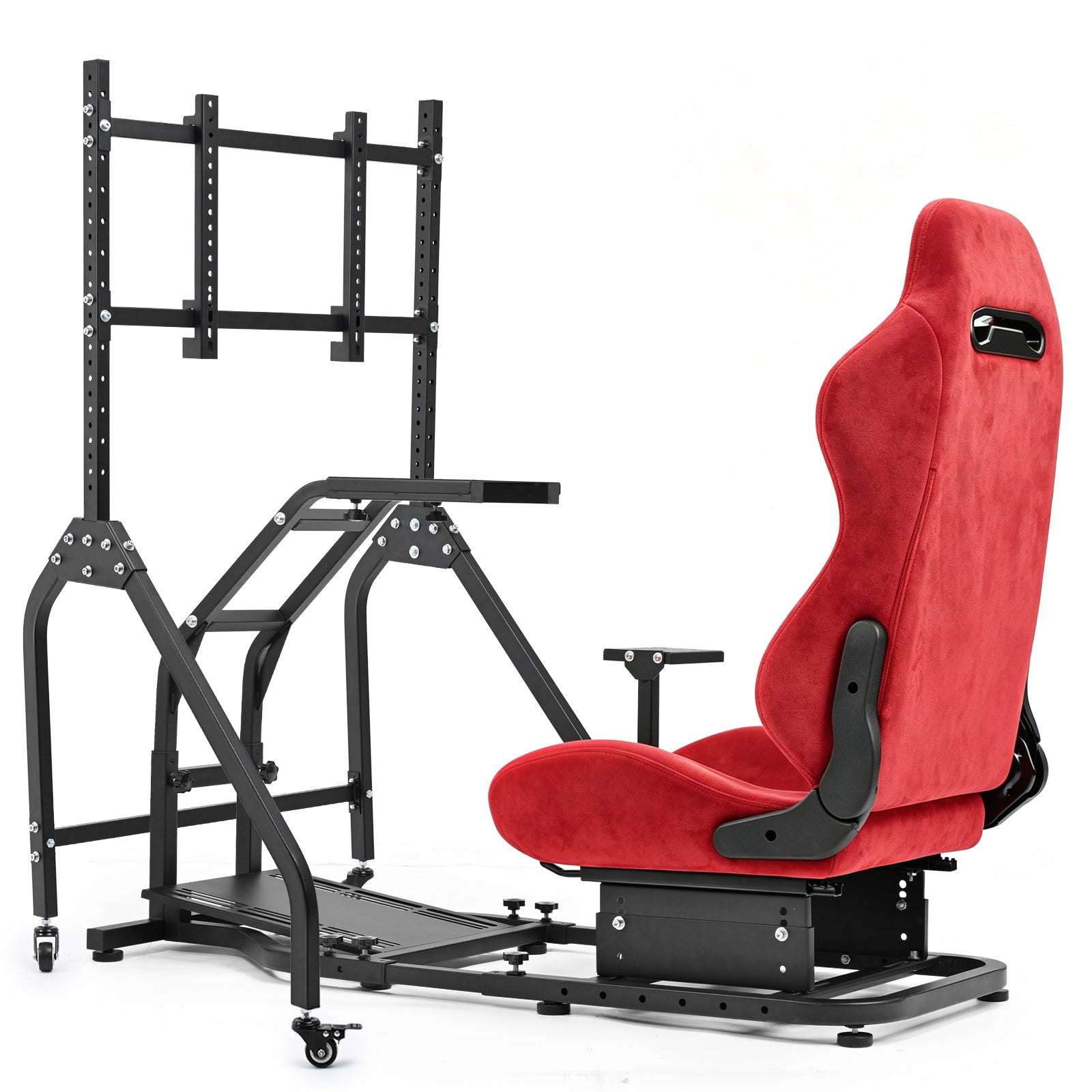 Minneer Adjustable Racing Simulator Cockpit with Red Suede Seats and Movable Monitor Stand, Fit for Logitech G Pro, for Thrustmaster T818, for Fanatec CSLDD, Electronics not included