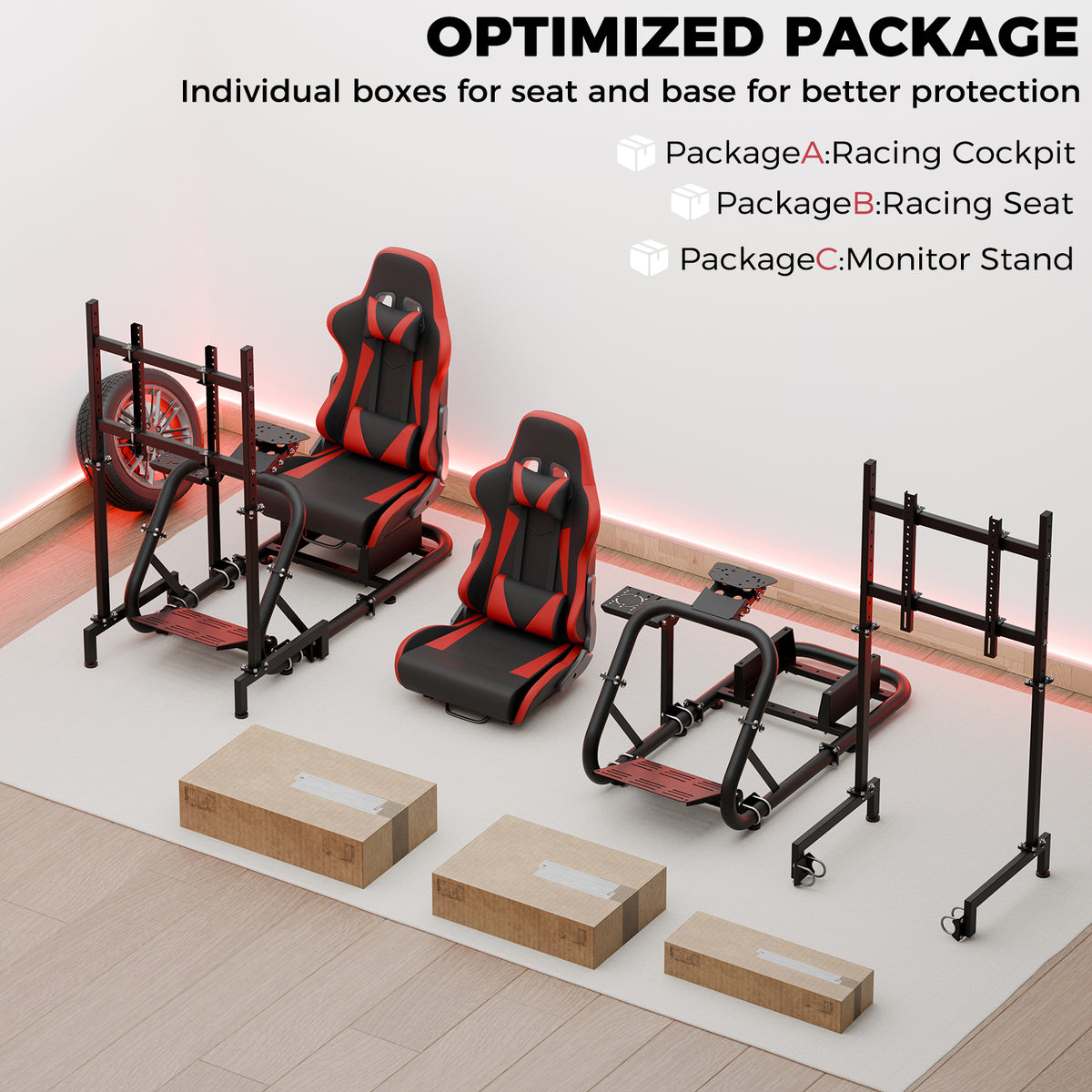 Minneer Immersive Racing Simulator Cockpit with Red Seat and TV Stand, Upgrade&Adjustable, Fit for Logitech/Fanatec/Thrustmaster G29 T248 T300, Steering Wheel Stand Not Included Wheel,Pedal & Handbrake